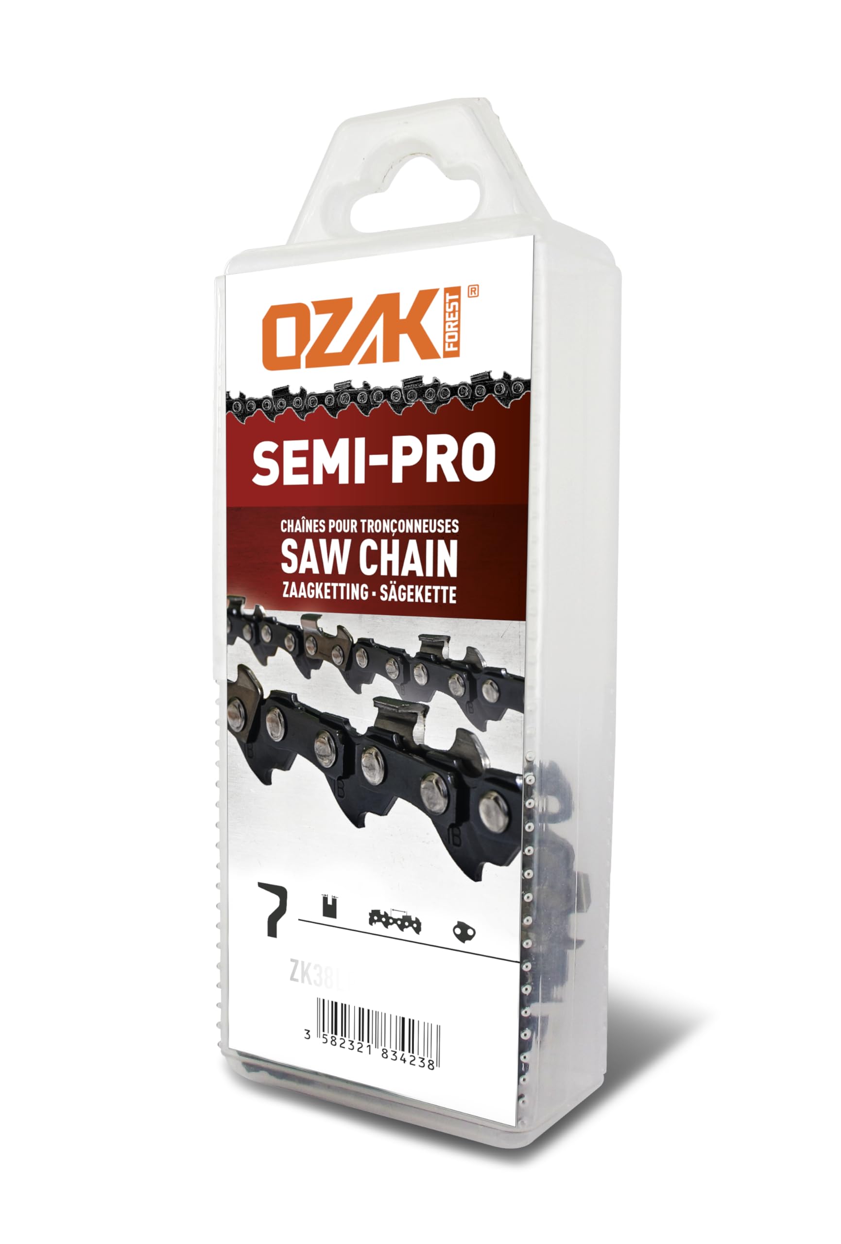 Chaîne Tronçonneuse OZAKI 3/8 LP E72 - 72 Entraîneurs - 50 Cm - Semi-Pro Jauge 1.6 Mm