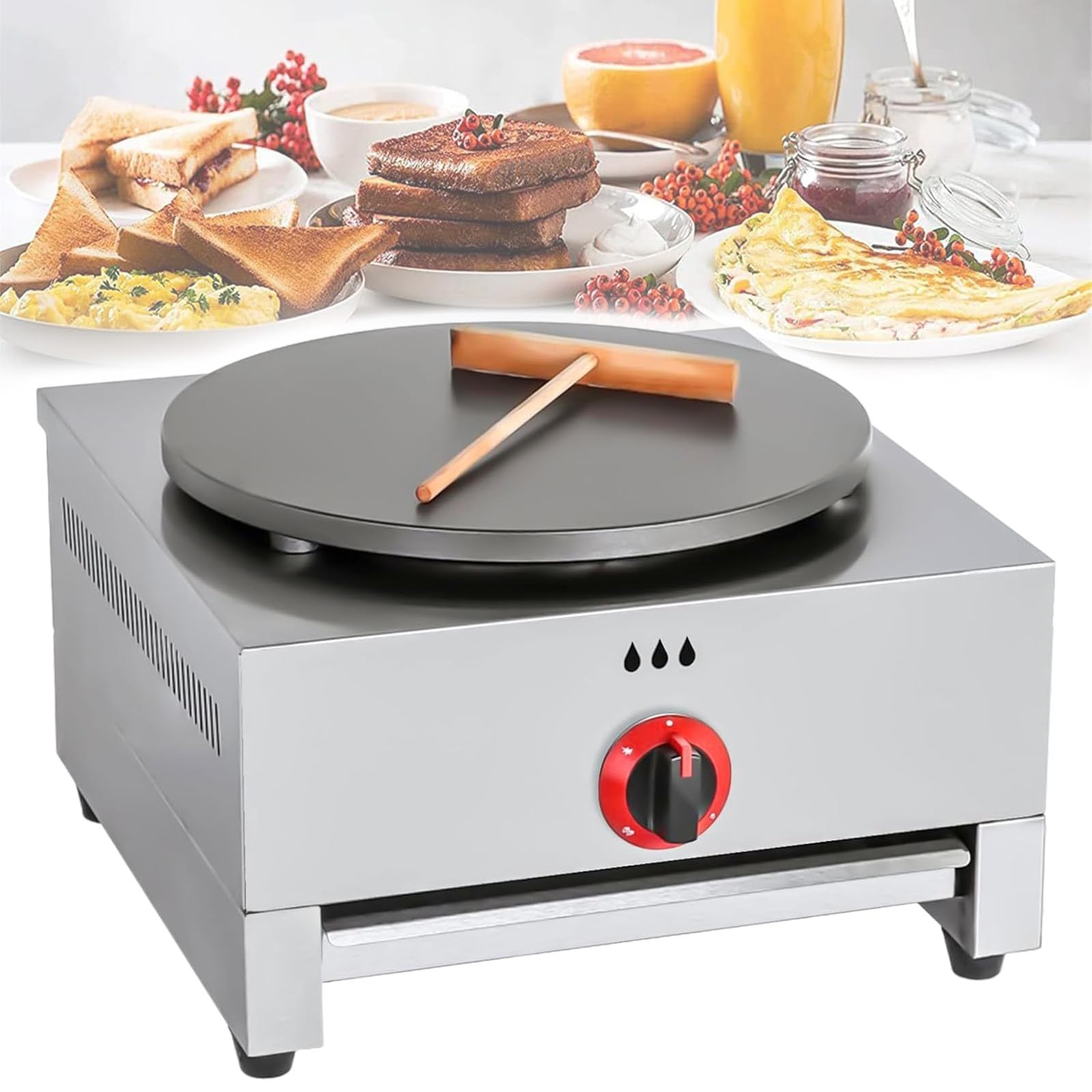 Crepera y Plancha para Cocinar, Antiadherente, 40cm/16 Pulgadas, Sartén para Tortillas de Escritorio para Uso Doméstico y Comercial con Cajón,Gas