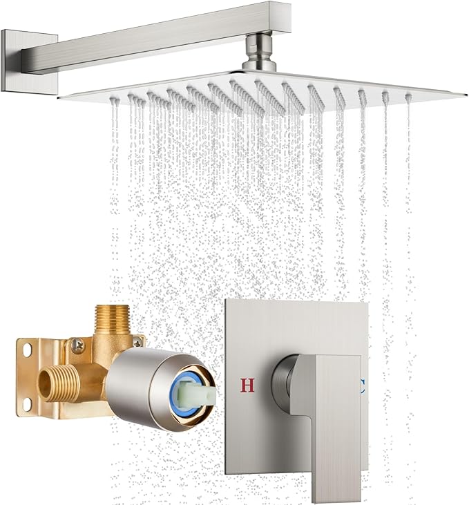 Cinwiny Brushed Nickel Bathroom Rain Shower System 12" Square Rain Shower Head Wall Mounted Shower Faucet Set High Pressure Single Function Single Handle with Rough Valve Shower Trim Kit