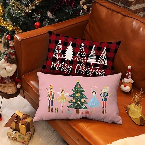 Miniatura 5 de Funda de almohada con texto en inglés "Merry Christmas" de 12 x 20 pulgadas, decoración navideña de cascanueces de invierno, fiestas, decoración