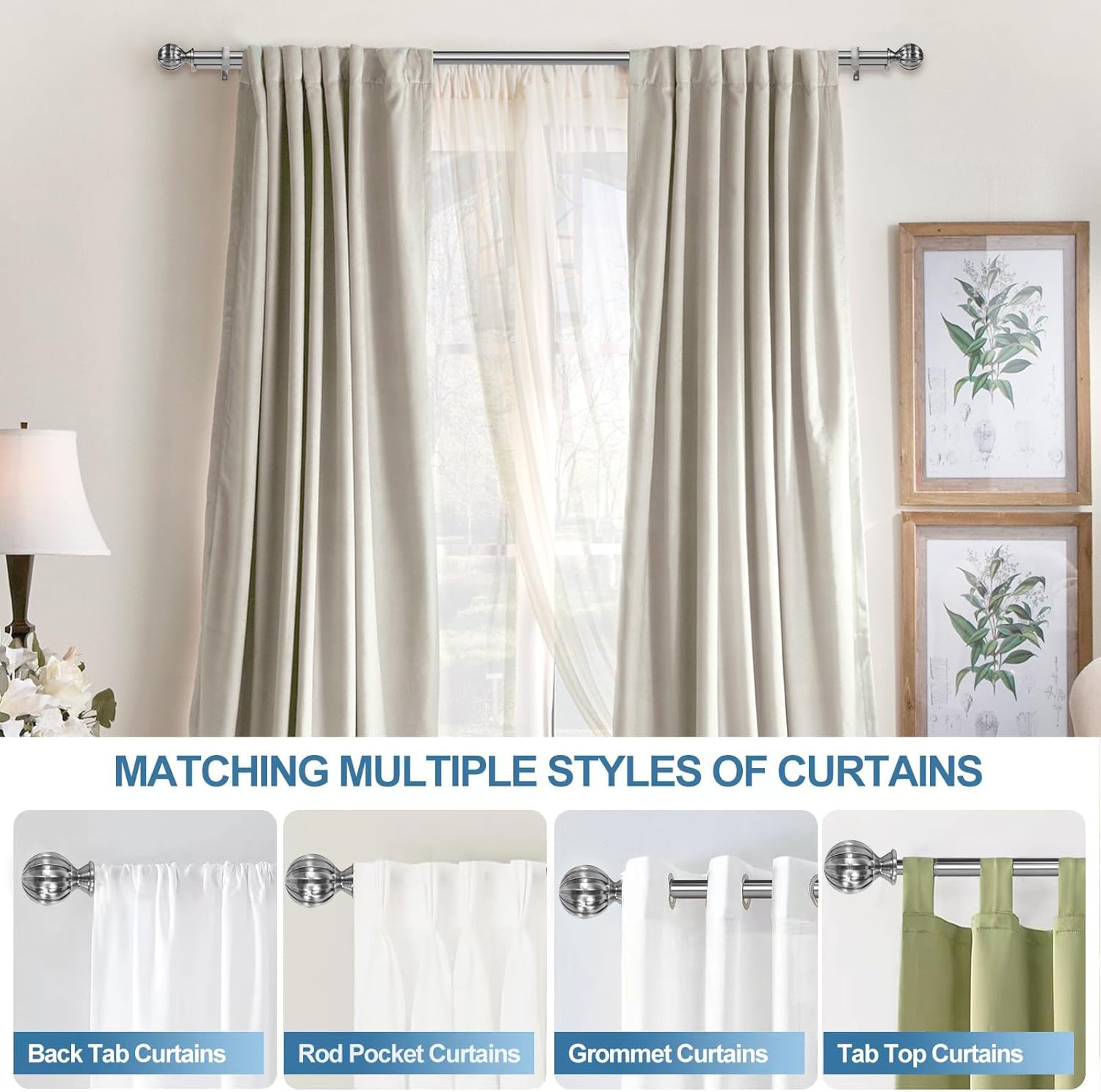 Urbanest Fluted Ball Flat Button 1" 5/8" Double Drapery Curtain Window Rod Set - 28" to 48", Brushed Steel