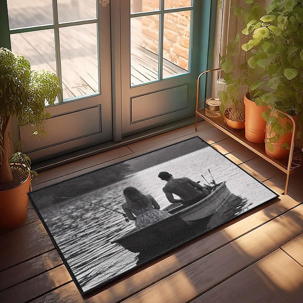 Paillasson d'extérieur grand format motif pêcheurs sur le lac et tapis d'entrée intérieur 65x90