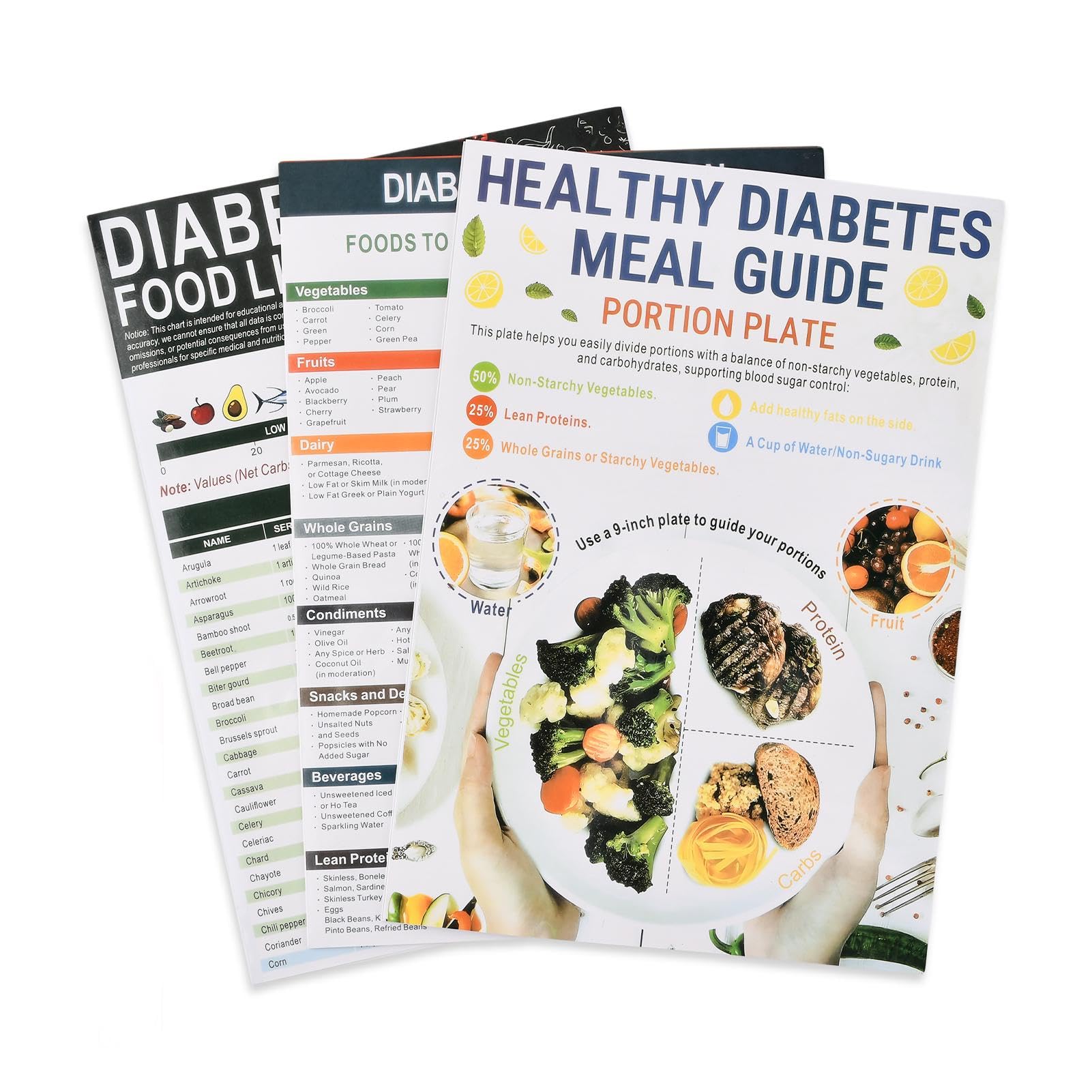 3 Pcs Diabetic Food Chart & Meal Planner, Laminated Diabetes Food List, Low Carb Glycemic Index Wall Charts, Comprehensive Diet Foo-d Guide for Diabetic, Meal Planner Book