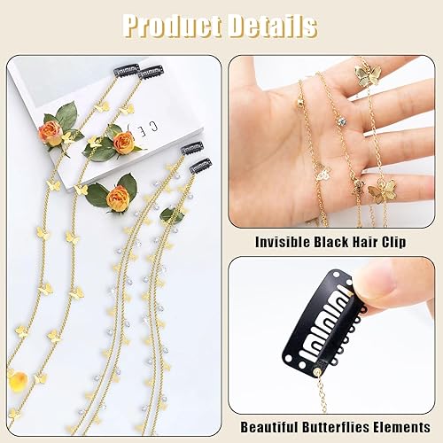 Miniatura 3 de 4 cadenas trenzadas de cabello de mariposas, joyas para el cabello con diamantes de imitación, pinzas para el cabello de mariposas, accesorios para