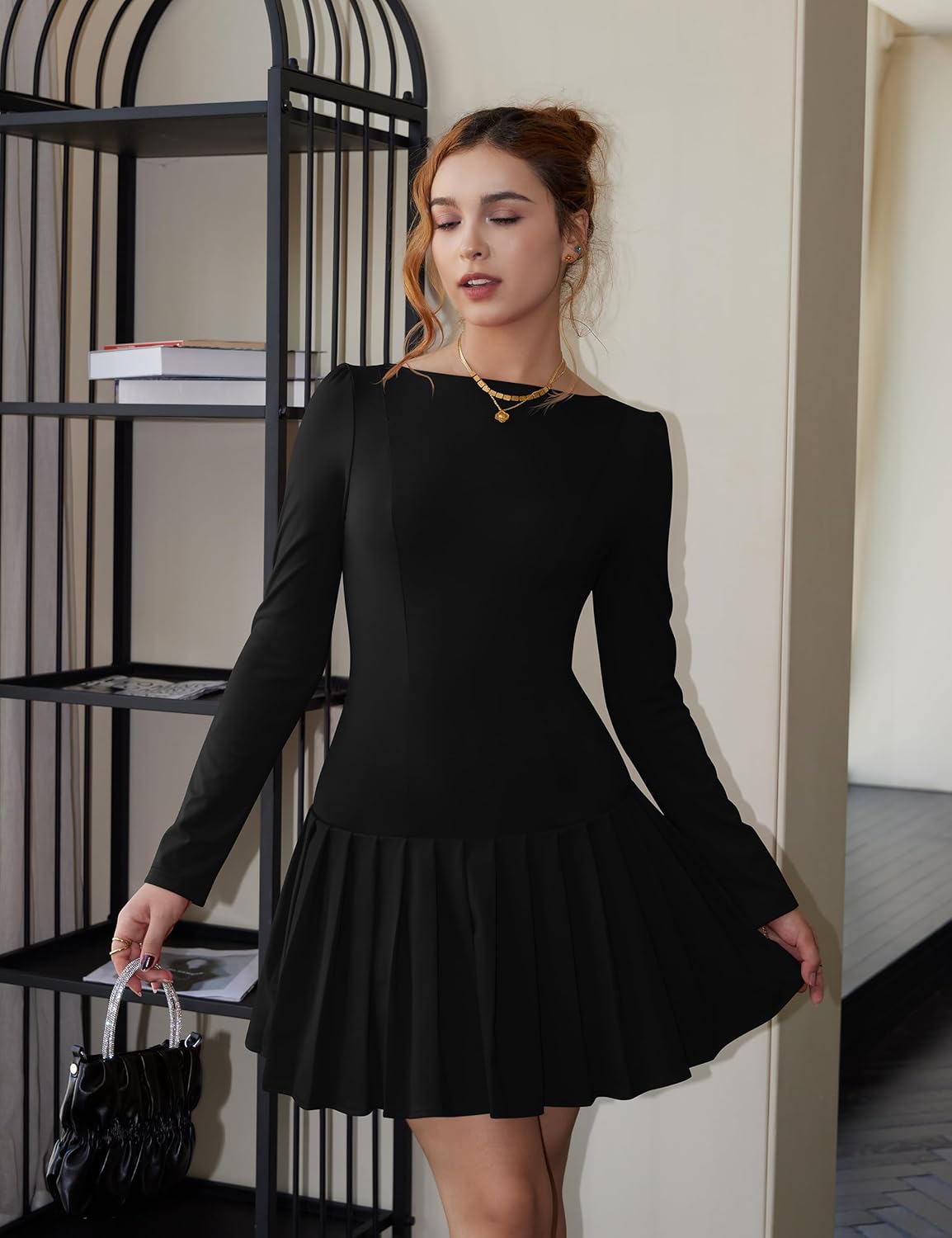 Women's Long Sleeve Mini Dress Sexy Boat Neck Pleated A-line Party Dresses - Image 2