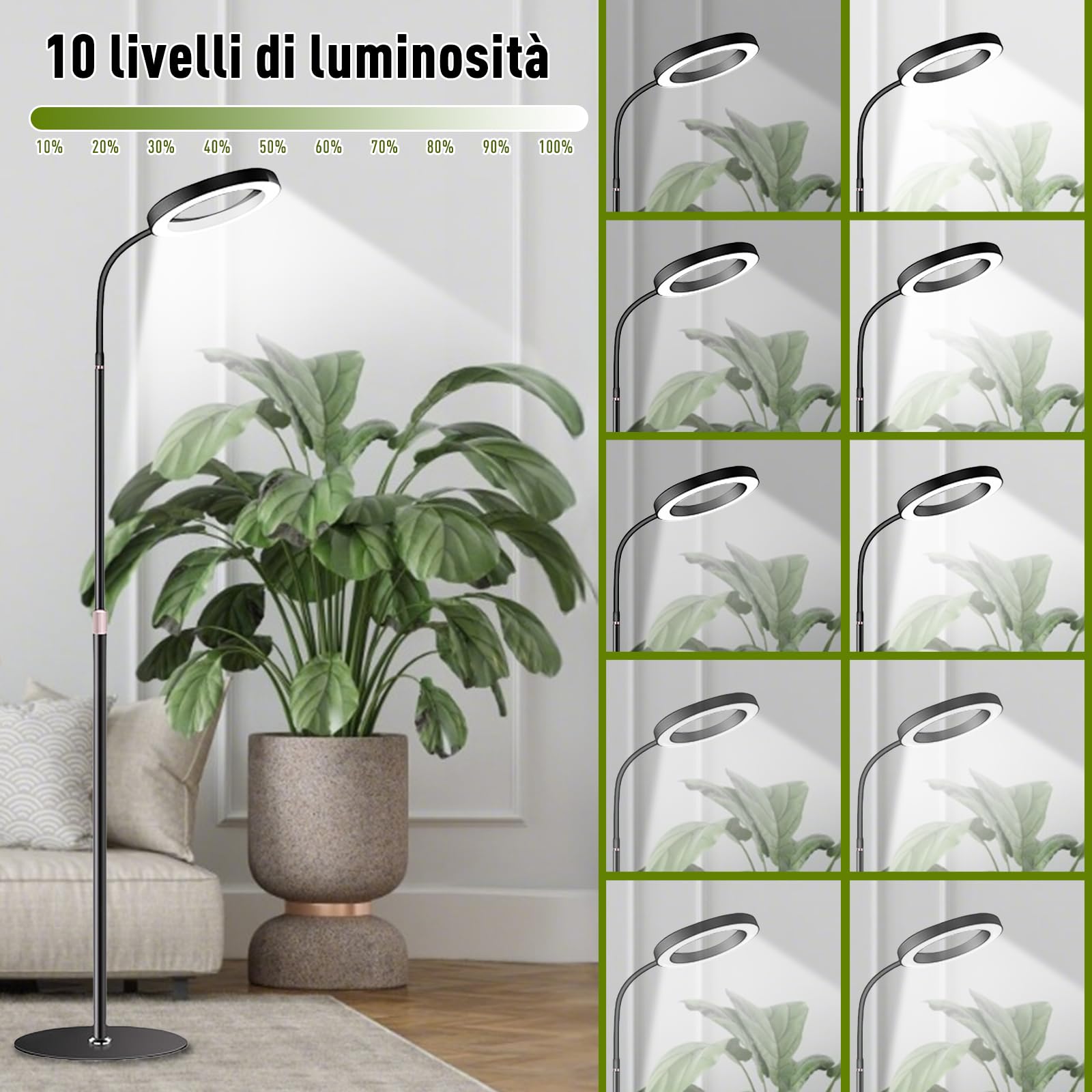 Lampada per Piante a LED, Spettro Completo 380-800nm con Timer 6/12/16H, 3 Modalità Luce & 10 Livelli Luminosità, Altezza Regolabile 57-170cm, Grow Light per Piante da Interno, Include Timer