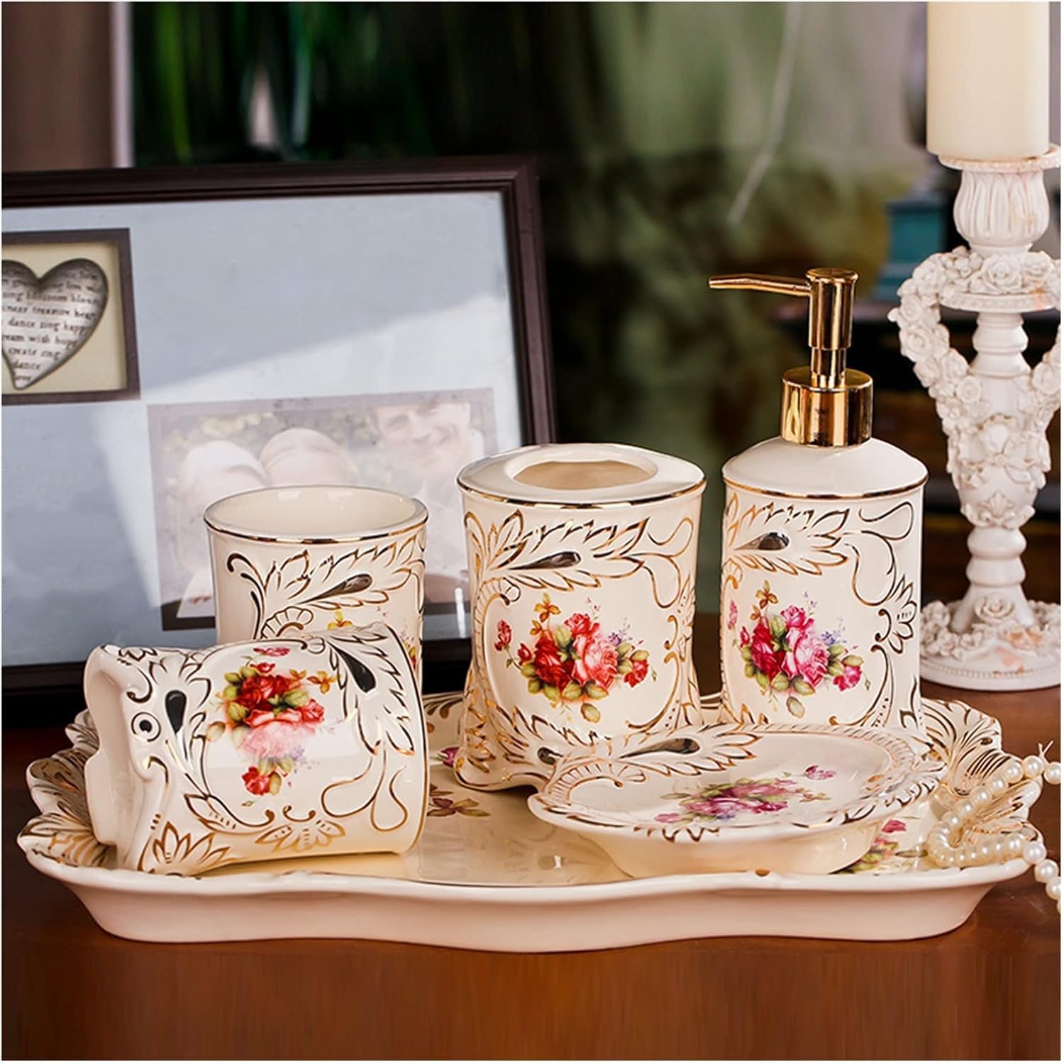 Set di Accessori per Il Bagno, Kit di Decorazioni per Piano di Lavoro in Ceramica squisita, 5 Pezzi Include Dispenser per lozioni, portaspazzolino, 2 Bicchieri, portasap