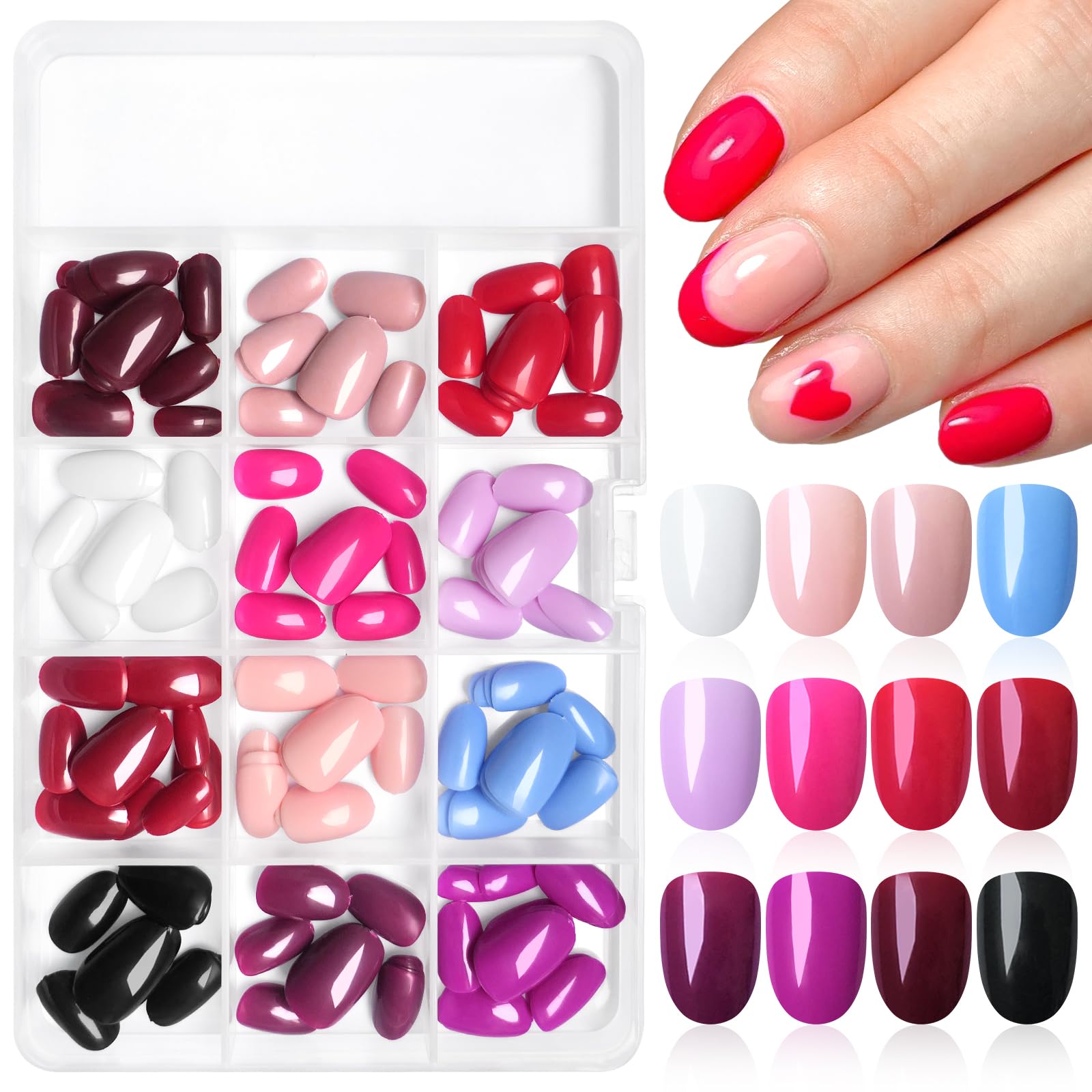 LuckForever 288pc Almond Press On Nails Tips - Short, Oval, False, Artificial Fingernails with Adhesive Tabs for DIY Manicure