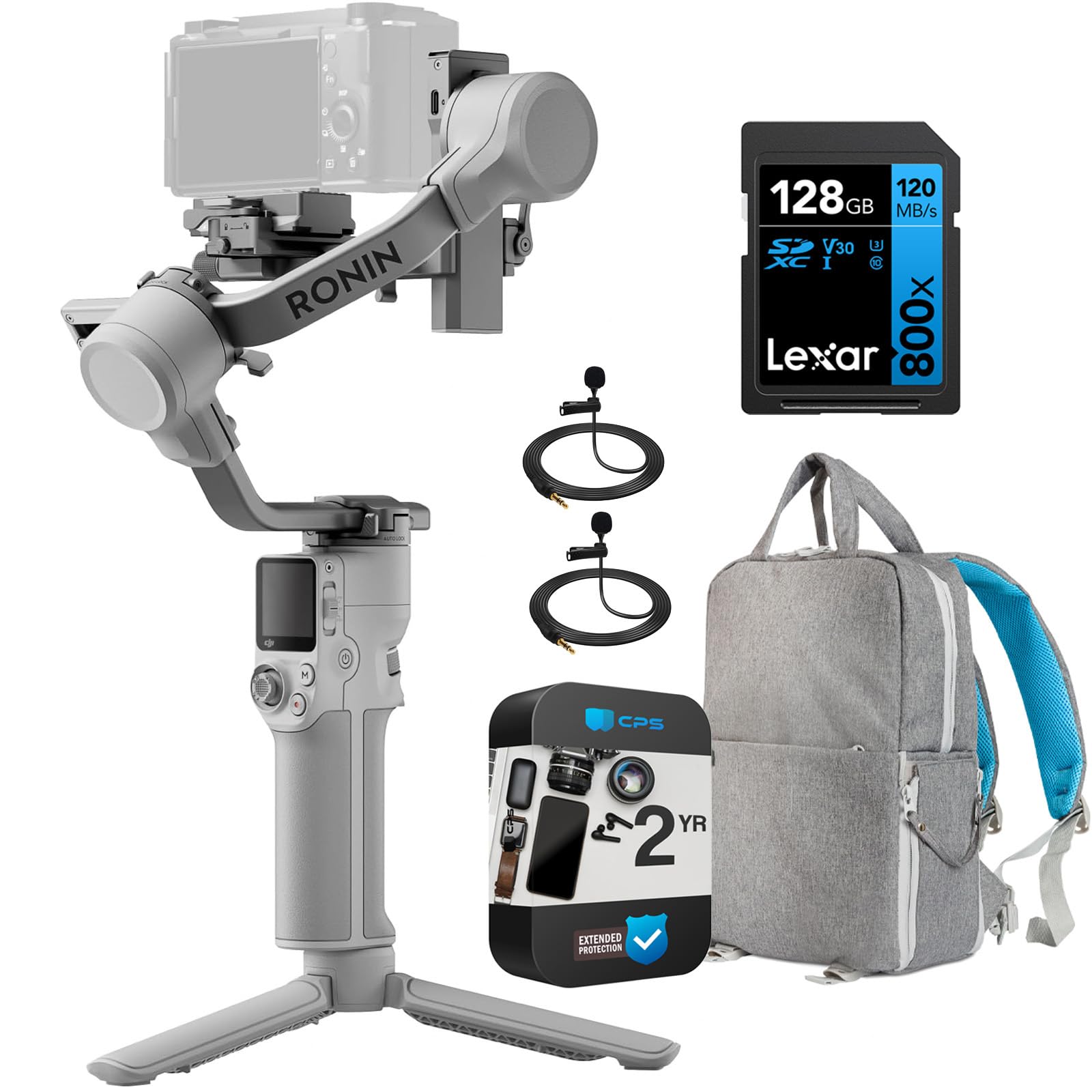 DJI RS 4 Mini, Gimbal Stabilizer for Camera Canon/Sony/Panasonic/Nikon/Fujifilm Bundle with 128GB Memory Card, Deco Gear Backpack, 2 YR CPS Enhanced Protection Pack, 2 x 3.5mm Mini Lapel Microphone