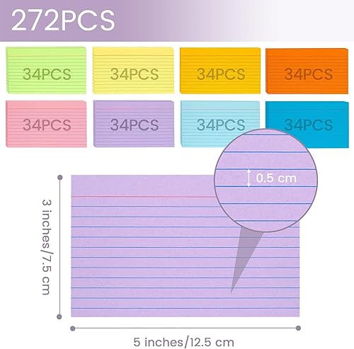 Miniatura 7 de Koogel Tarjetas de índice de colores de 3 x 5, paquete de 272 tarjetas flash a rayas para estudiar, 8 colores surtidos, tarjetas de notas pesadas