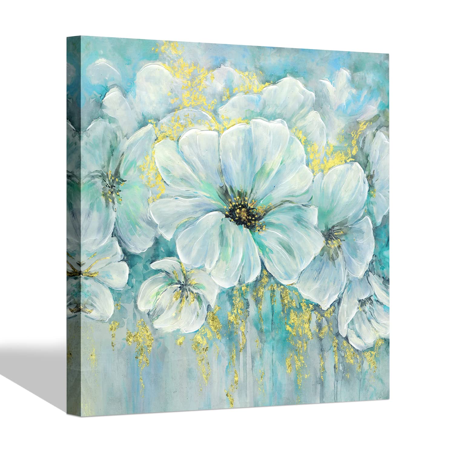 Flower Wall Art Canvas Picture: Abstract White Floral Painting Decor Modern Blossom Bouquet Blue Teal Print Contemporary Textured Botanical Bloom Gold Foil Artwork for Home Living Room Bedroom