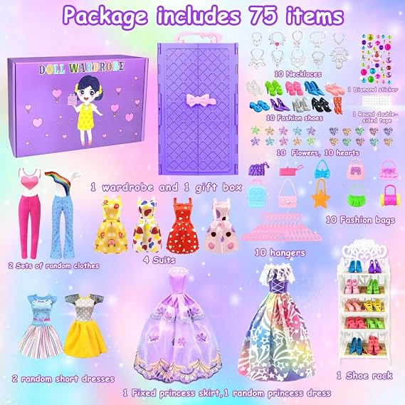 75 Pack Doll Clothes and Accessories with Closet for 11.5 Inch Doll Fashion Design Set Girl Doll Dress Up Including Wedding Dress Tops and Pants Outfits Shoes Bags Necklaces Toys Gifts for Girls