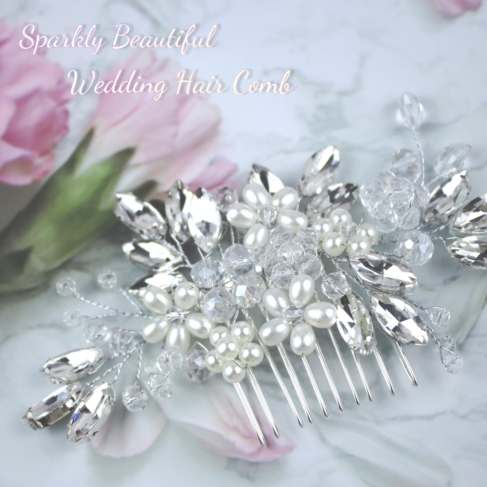 1 pettine per capelli da sposa con perle di cristallo, con 2 forcine per capelli con strass, accessori per capelli per sposa, damigelle d'onore, ragazze con fiori (argento)