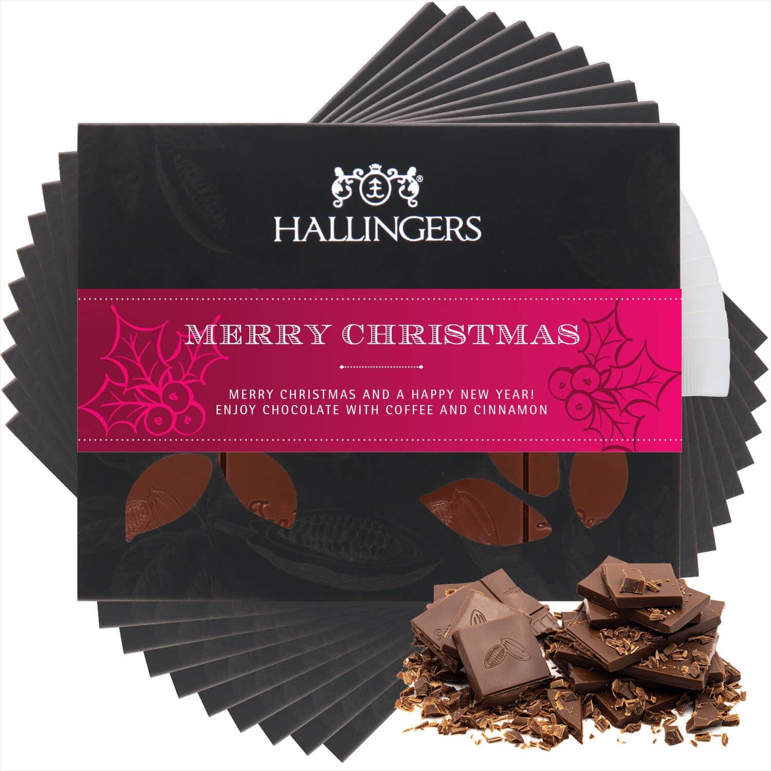 Hallingers Genuss Manufaktur Schokolade Weihnachts-Geschenk - Tafel Edelkakao handgeschöpft ohne Alkohol edler Karton 10x "Merry Christmas" Kaffee-Zimt, Weihnachten für Frauen Männer