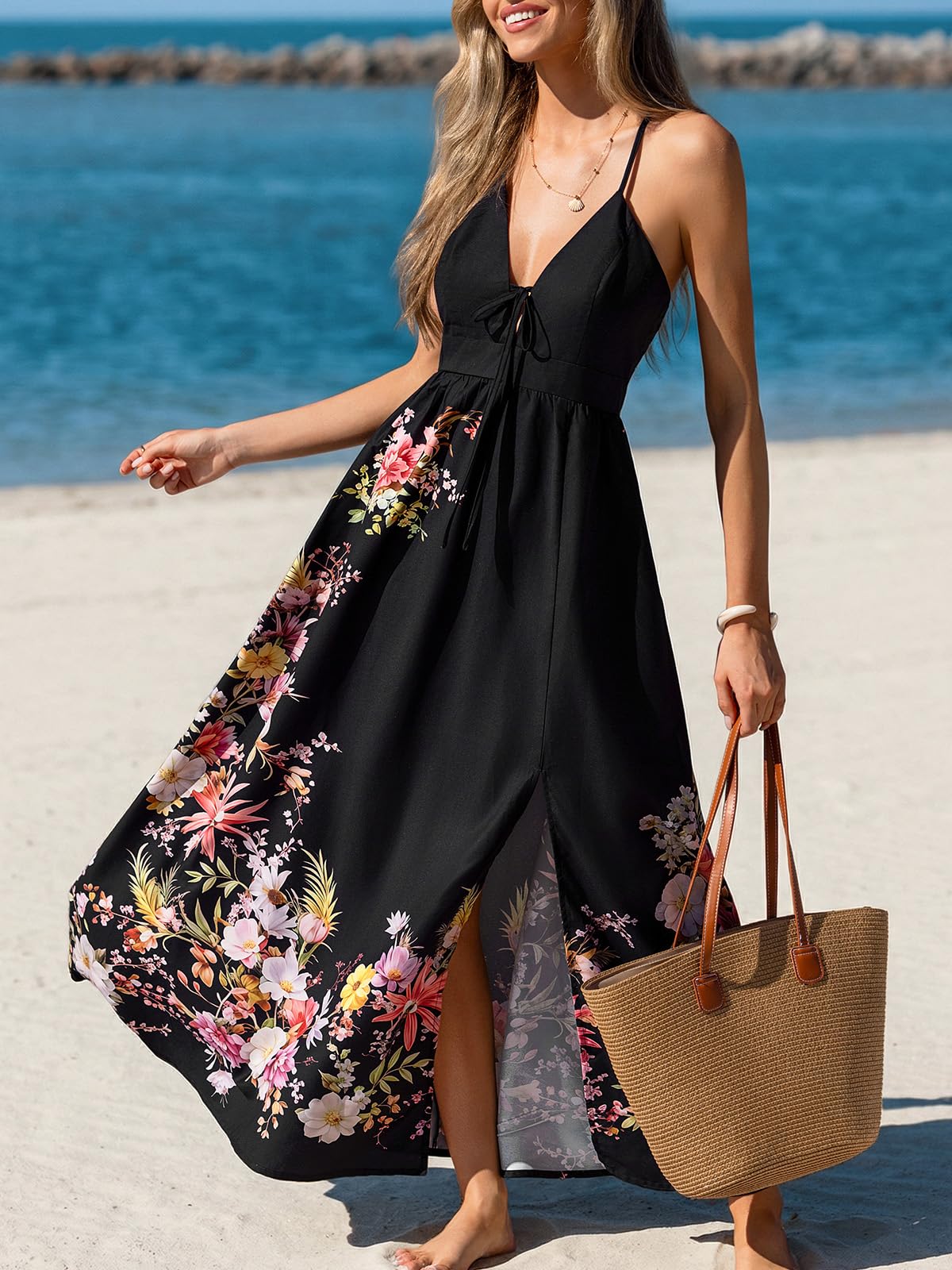 CUPSHE Damen Sommerkleid V-Ausschnitt Rückenfrei Kreuzträger Blumenmuster Seitenschlitz Lang Strandkleid Boho Urlaub Maxikleid