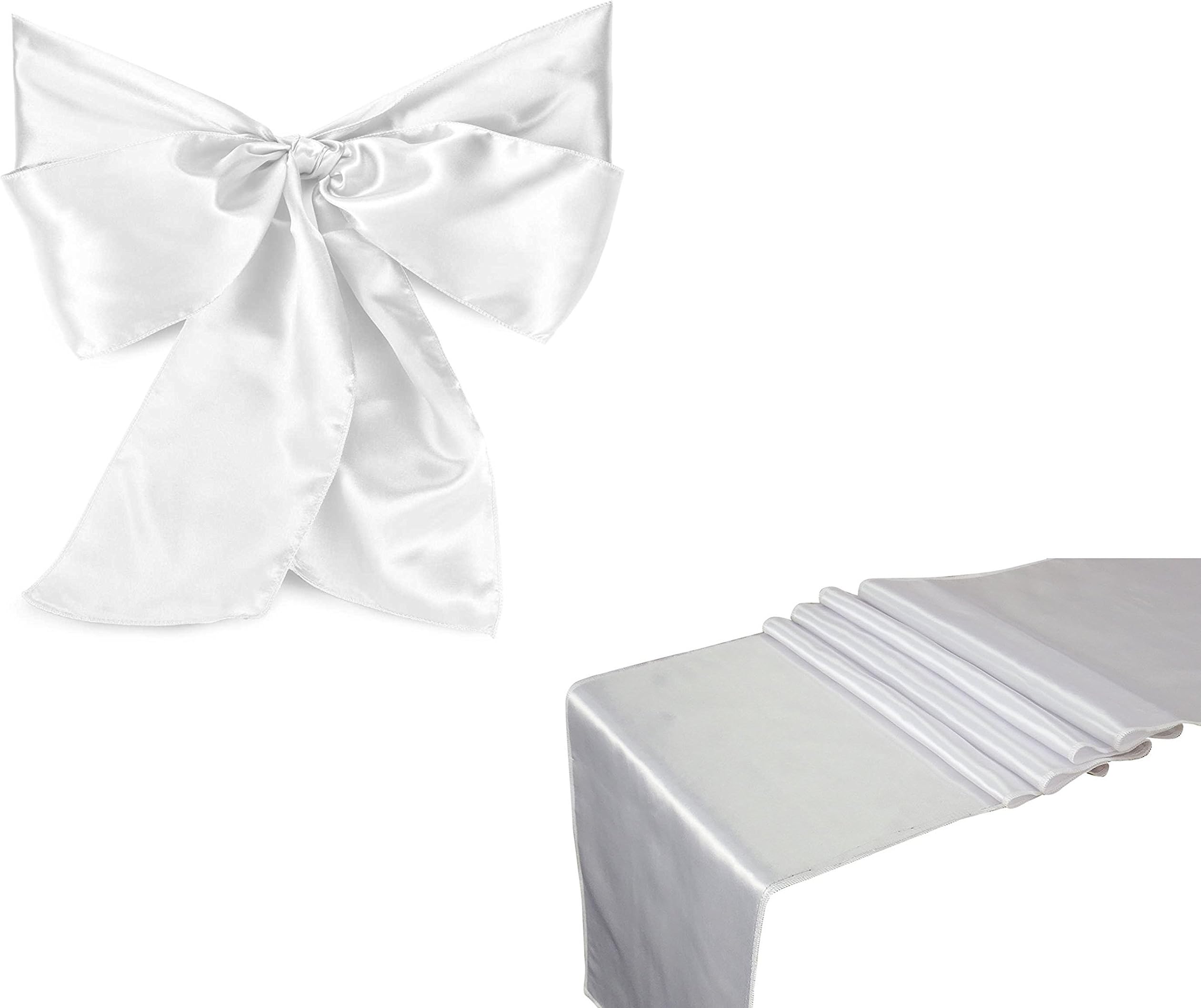 Combo Pack 10 Satin Table Runner 12x108Inch & 50 Chair Bow Sash WeddingBanquet Kitchen HomeDecor (White)