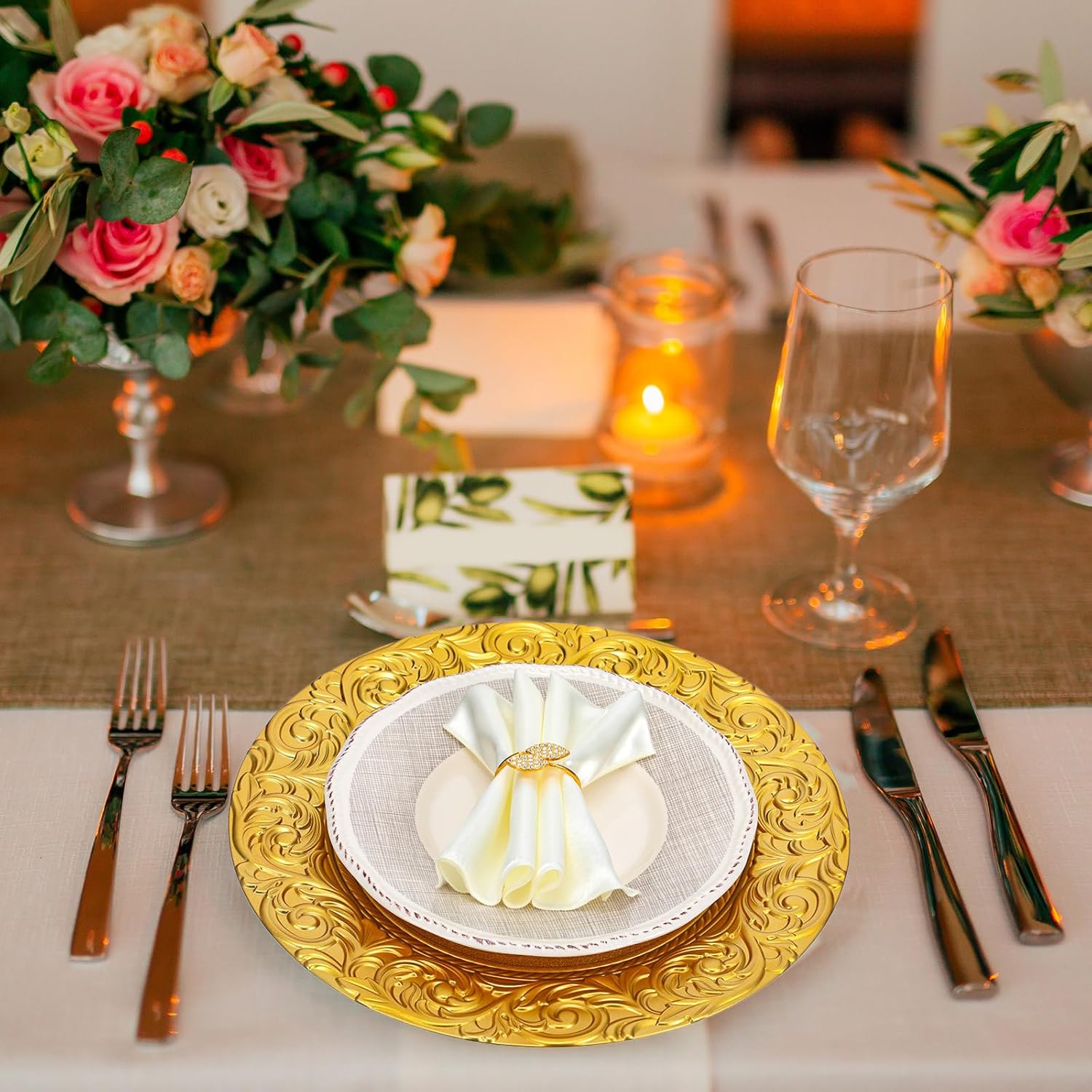 Tioncy 72 Pcs Gold Chargers Plates Bulk 13 Inch Plastic Wedding Chargers with Napkin Rings and Satin Napkin Dinner Plate Charger Set for Wedding Holiday Event Table Setting Party Supplies(Elegant)