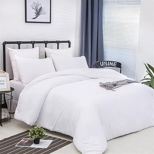Miniatura 4 de Luxlovery - Juego de edredón color blanco tamaño individual, juego de ropa de cama de 3 piezas, color blanco liso, suave, transpirable, para cama