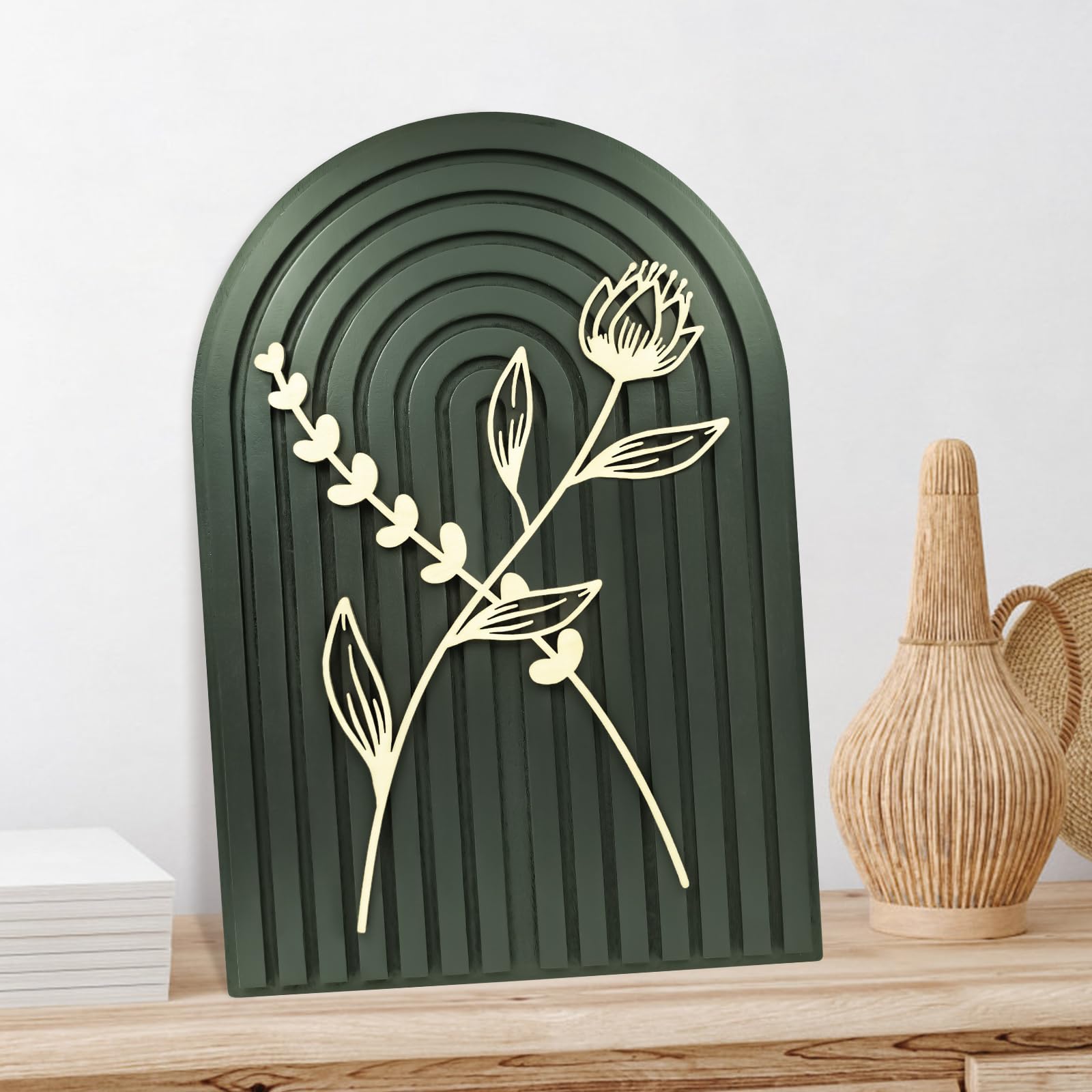 Teeloray Boho Wooden Arch Floral Mid Century Modern Shelf Decor Aesthetic Bohemian Art Wall Hanging Decor 3D Hollow Craft Minimalist Wall Art for Bookshelf Living Room Bedroom, Dark Green