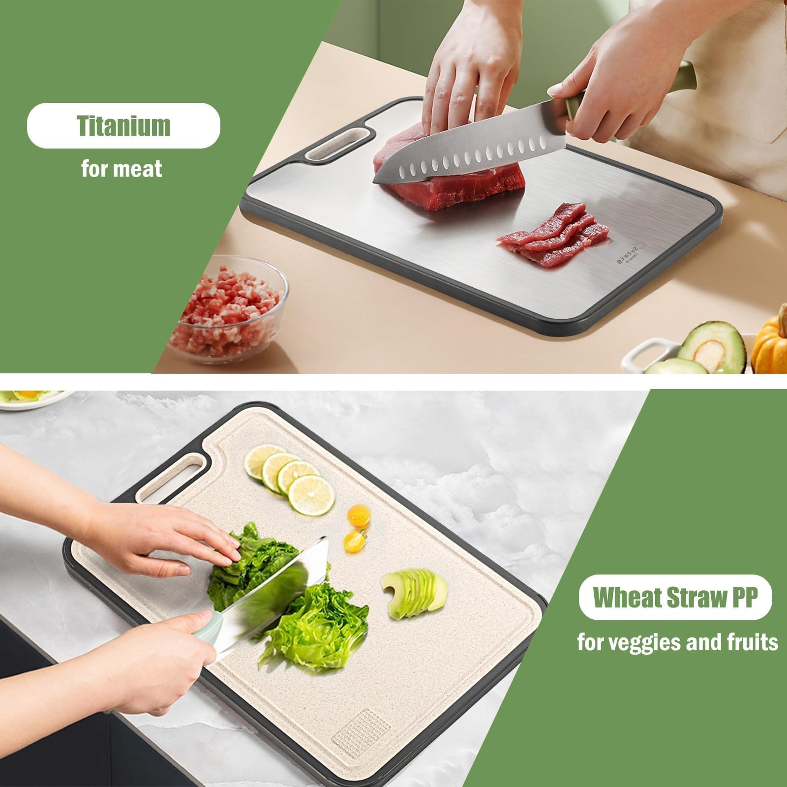 Titanium Cutting Boards for Kitchen, 15” Double Sided Cutting Board Food Grade, Pure Titanium and Wheat Straw PP, for meat & Veggie, Non-Slip