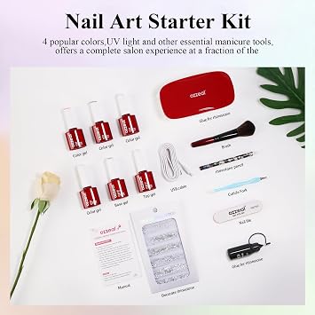 Ozzeal Gel Nail Polish Kit with UV Light, Hema Free Black White Pink Jelly Silver Glitter Manicure Set, Base and Top Coat and Rhinestone, All Year Round Gel Mini Salon, DIY Home Nail Art Starter Kit