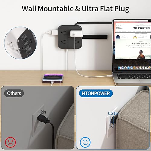 Miniatura 4 de NTONPOWER Cable de extensión plano, 8 tomas amplias, regleta de enchufe plano negro con 3 puertos USB (1 USB C), regletas de alimentación montadas