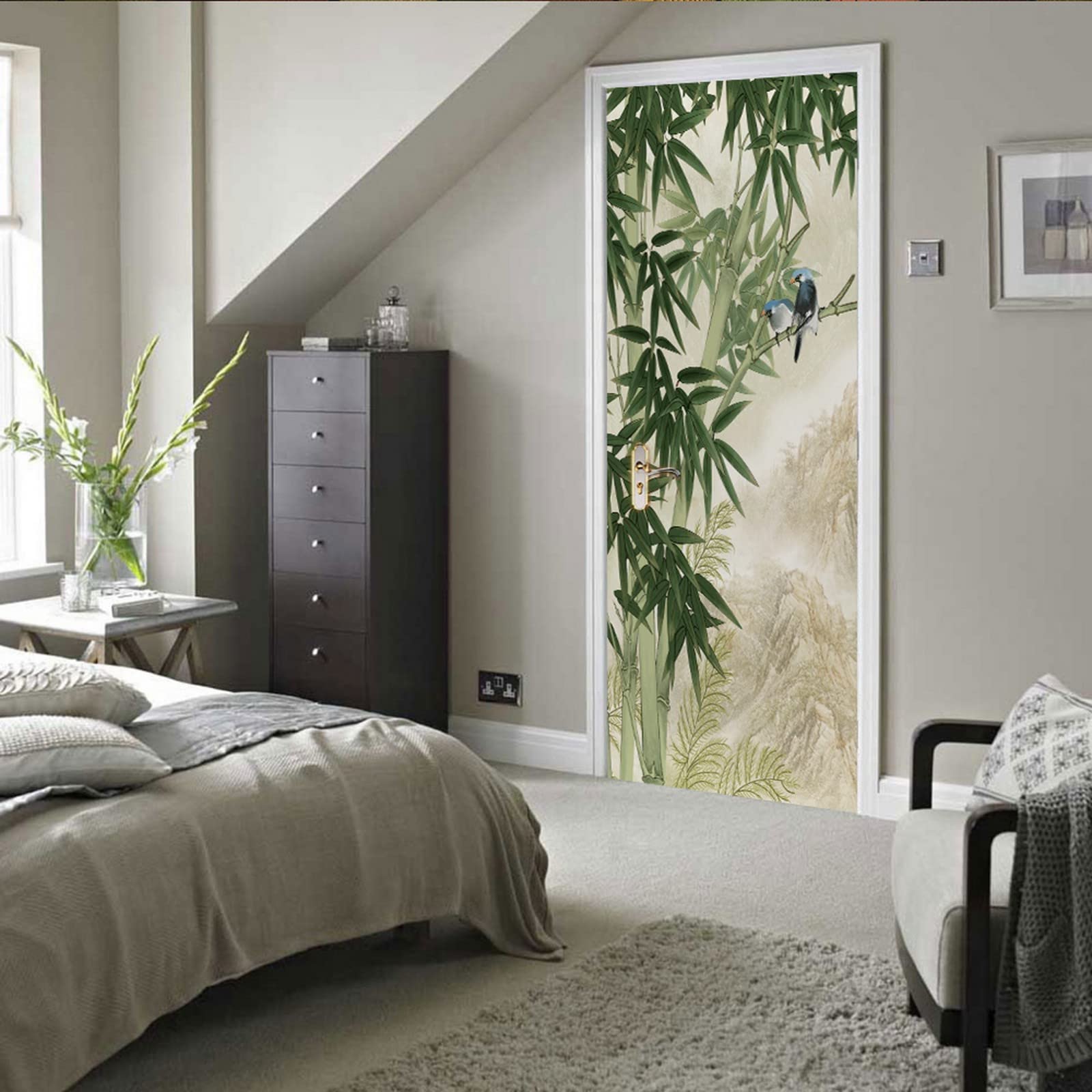 A.Monamour Adesivo Porta Autoadesiva 3D Uccelli Su Bambù Verde Disegno Sullo Sfondo Del Paesaggio Di Montagna Vinile PVC Adesivi per Porte Interne Pellicola Adesiva Poster Sticker Murale Parete