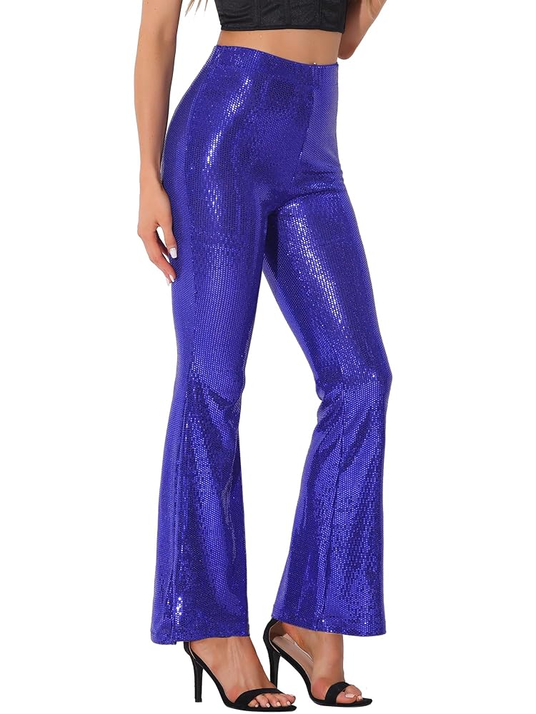 AMERI　UND GLITTER FLARE PANTS Womens Sequin Flare Pant Sparkly High Waisted Leg Bell
