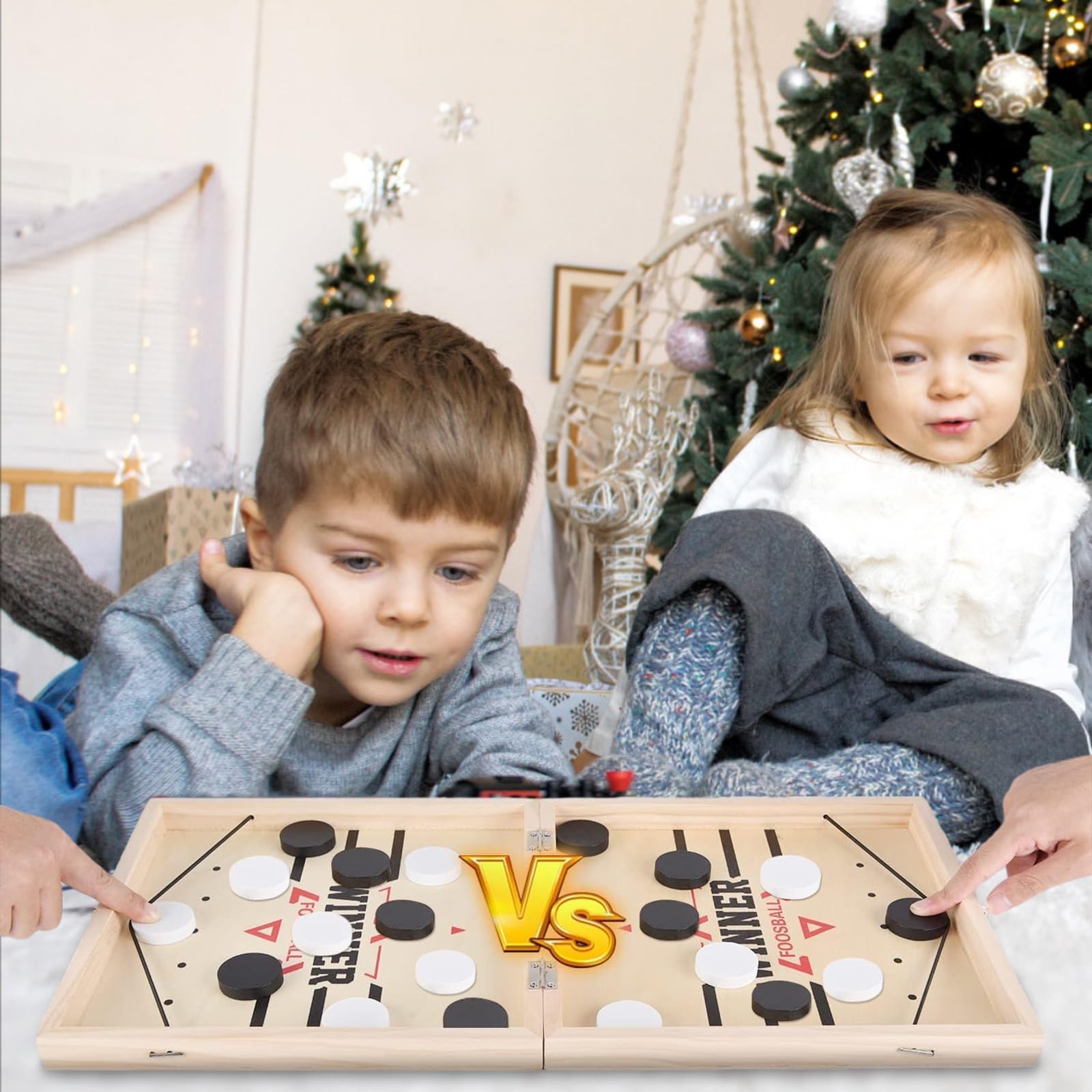Booaee Gioco di calcio balilla, hockey e rondella, catapulta 2 in 1, portatile, legno, marrone, 2 giocatori, Lega FTSF, squadra rossa e blu