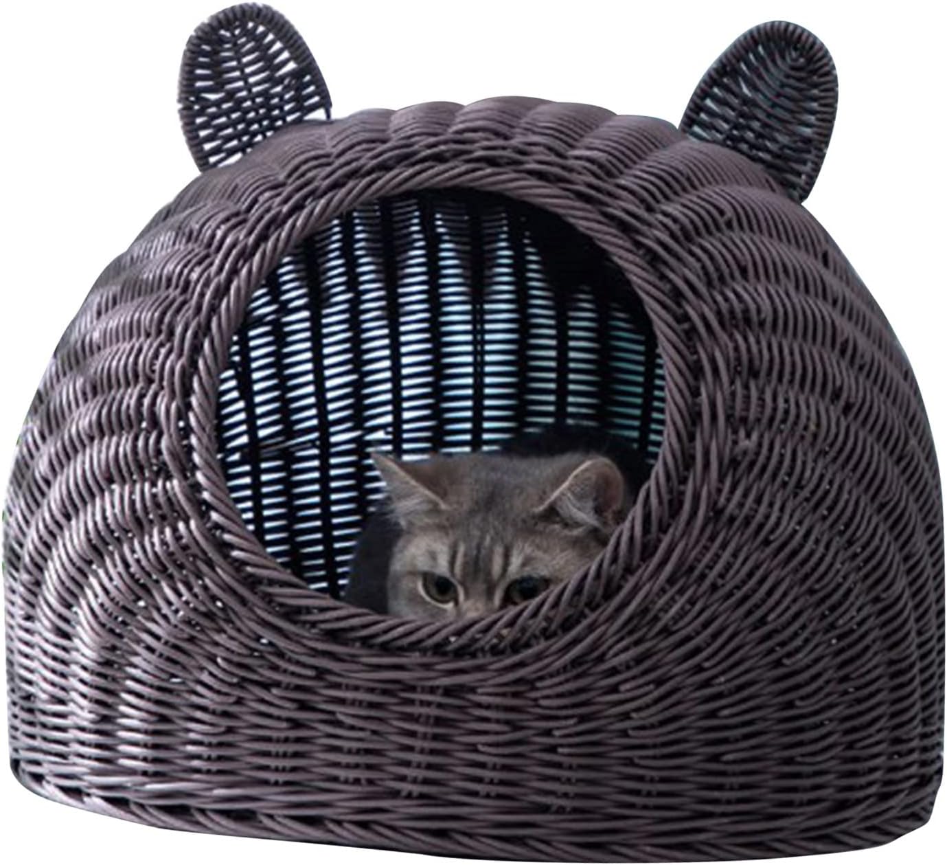 review Handwoven Cat House for Indoor,Cute Cat Ear All Seasons Washable Breathable Semi Closed Cat Bed，Gives Cats a Warm Home，17.7x17.7in