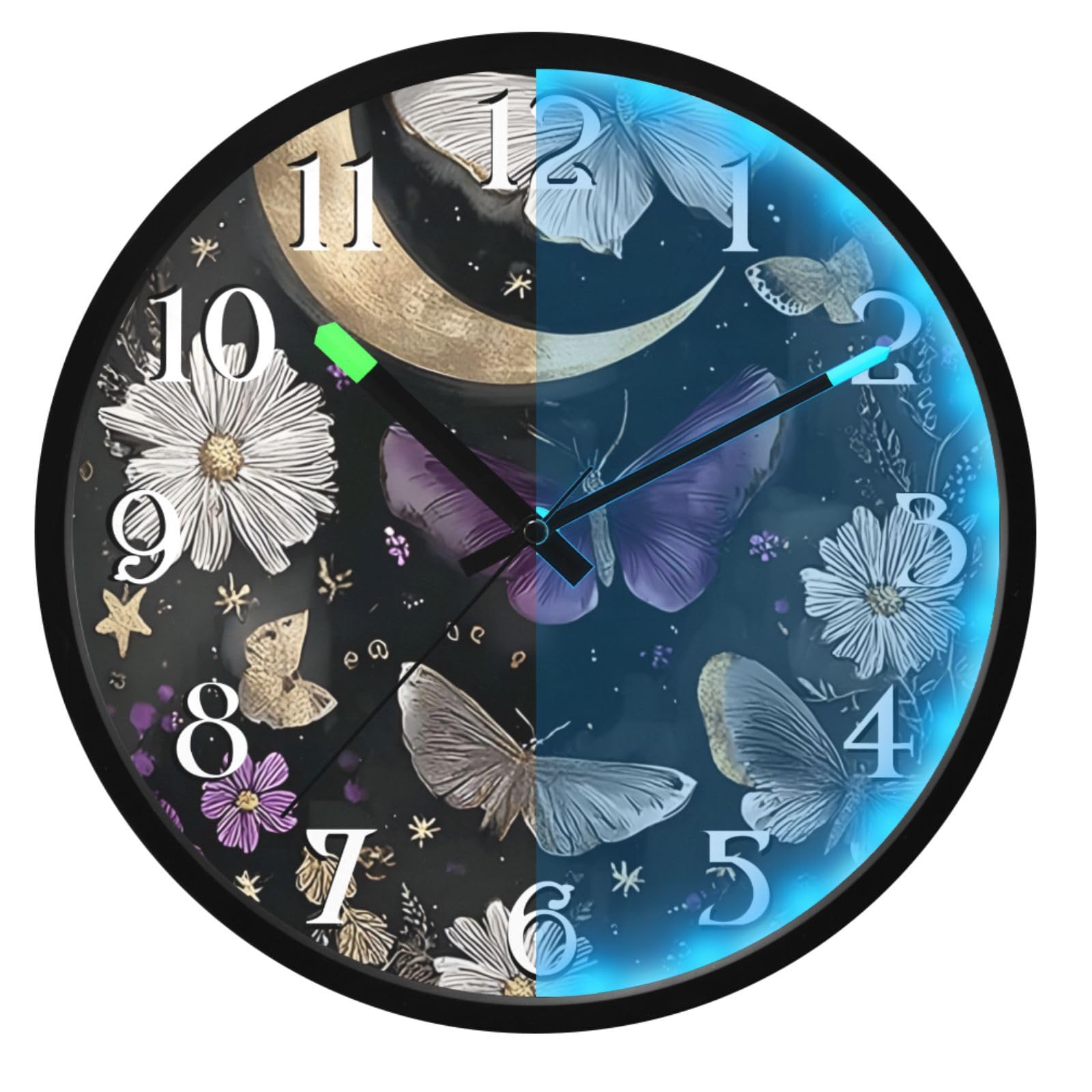 Mnsruu Reloj de pared luminoso con diseño de mariposa y luna, color morado, funciona con pilas, silencioso, brilla en la oscuridad, para sala de estar, cocina, 12 pulgadas