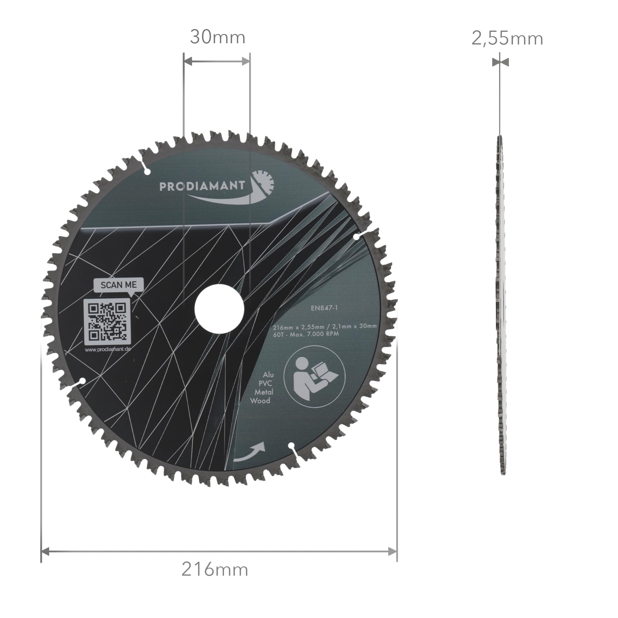 PRODIAMANT Lama per sega multiuso in metallo duro 216 x 30 mm per legno, alluminio, plastica e laminato con denti HM TCT per sega da tavolo, troncatrice e sega circolare