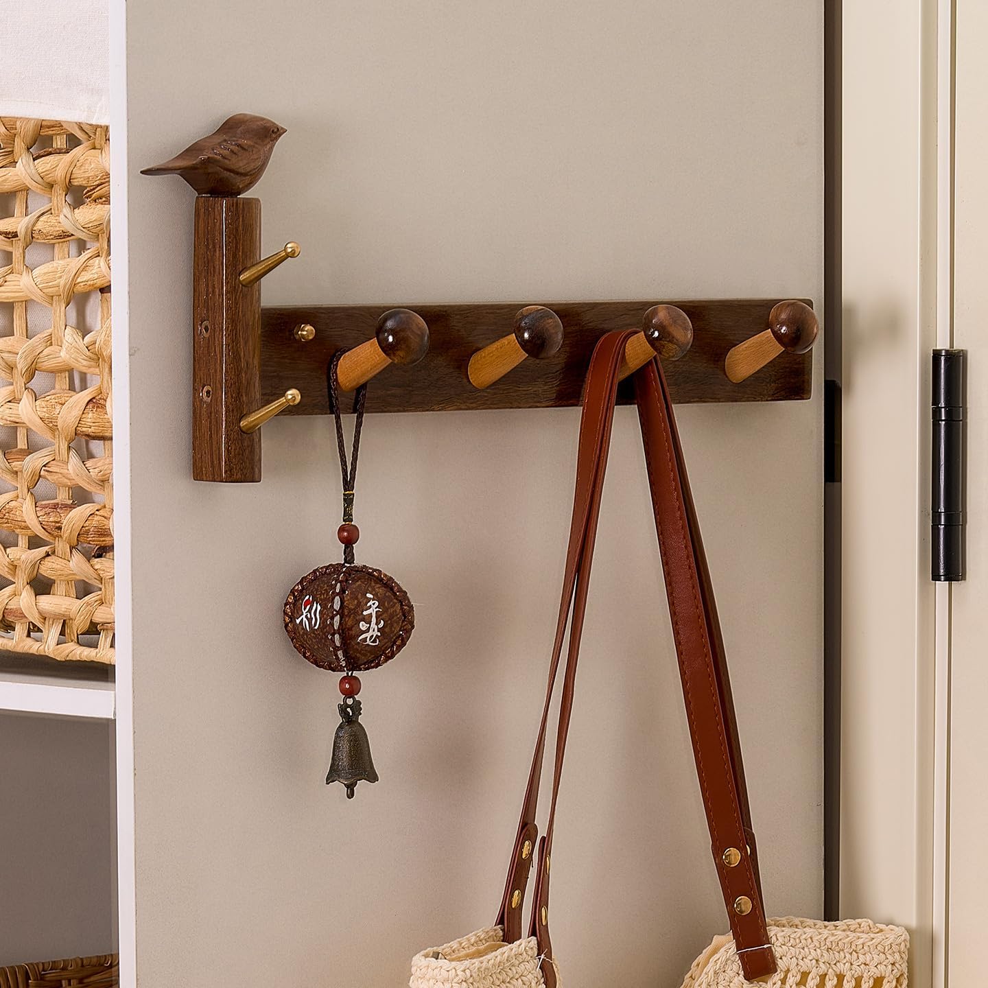 Coat Rack Made of Beech and Walnut Wood for Hanging Clothes, Keys, Towels and Hats. Coat Hooks Designed in The Shape of Carved Birds and mushrooms24.61x6.3x2.75 Inches(8hooks)