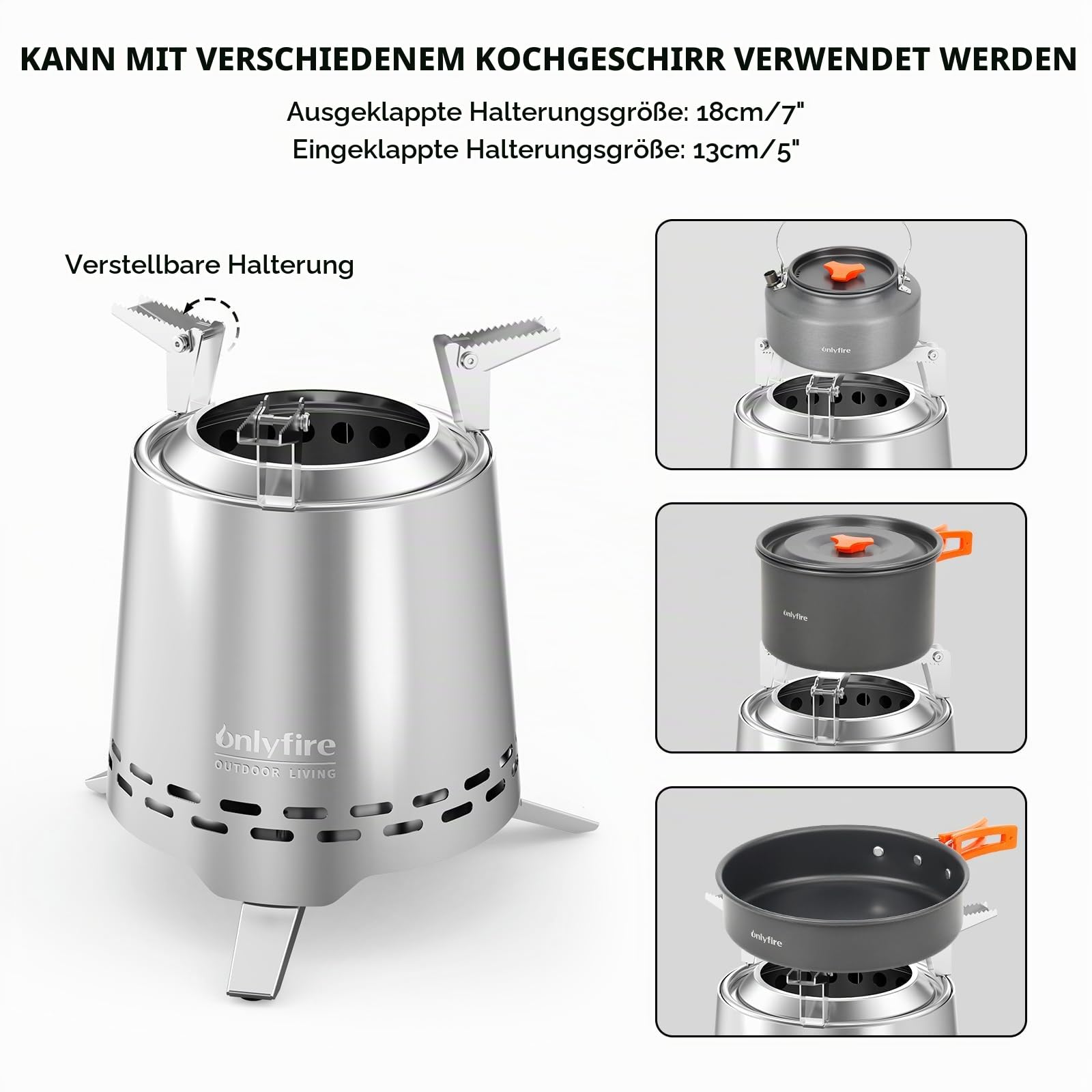 Onlyfire Edelstahl Tischfeuer mit Topfhalter und Tragetasche, Raucharmer Mini Tischkamin für Pellets/Holz, 16,5CM Kleinere Tischfeuerstelle, für Balkon & Camping, Konisch, Silber