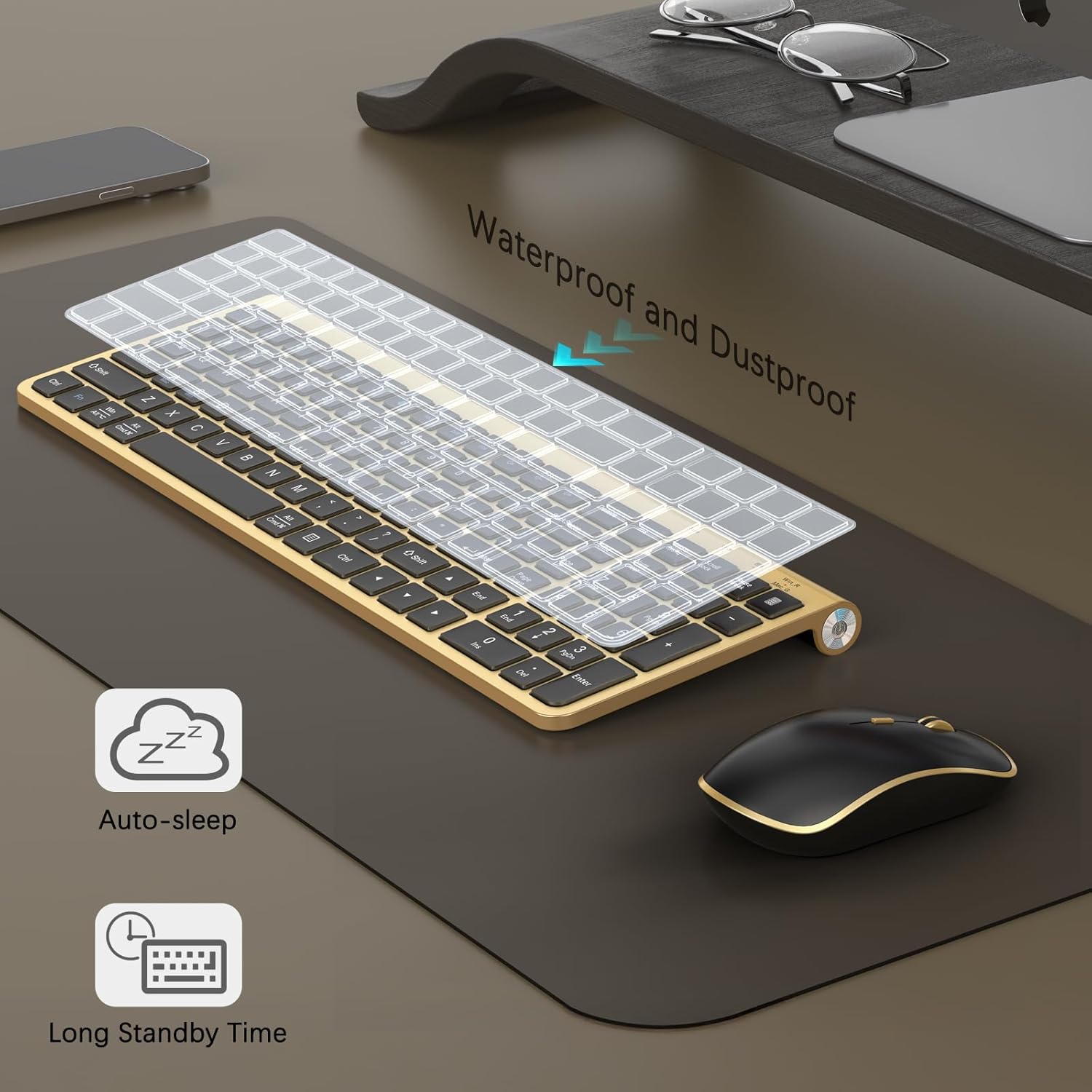 JOYACCESS Black Gold Wireless Keyboard Mouse Combo,Ergonomic Cordless Keyboard with Adjustable Tilt,Comfortable and Quiet Mouse for Laptop,Computer,PC - Image 4