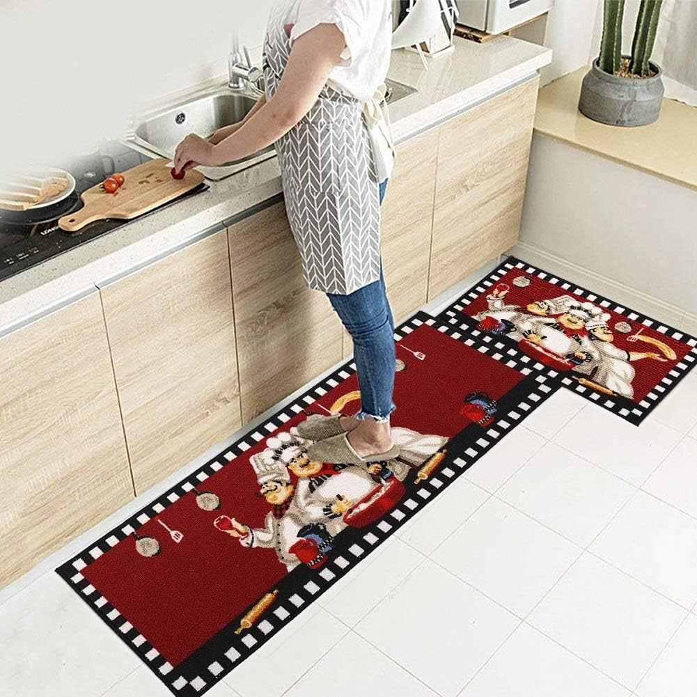 Chef Kitchen Rugs and Mats Washable Non-Skid Absorbent Microfiber Kitchen Mats for Floor Anti-Fatigue Kitchen Mat Set of 2 Chef Kitchen Decoration Stain Resistant 15.7''x23.6'' + 15.7''x47.2'