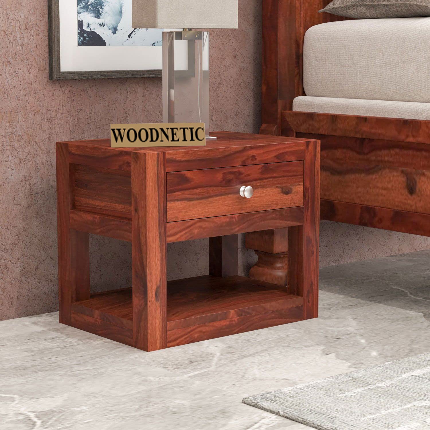 Solid Sheesham Wood Bedside Table with 1 Drawer and 1 Open Shelf - Honey Finish-image-41