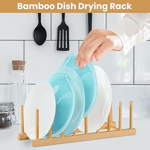 Miniatura 3 de Thenshop Organizador de platos de madera para gabinete, 8 ranuras, estante de secado de platos, soporte para tapa de olla, para tazón, tabla de