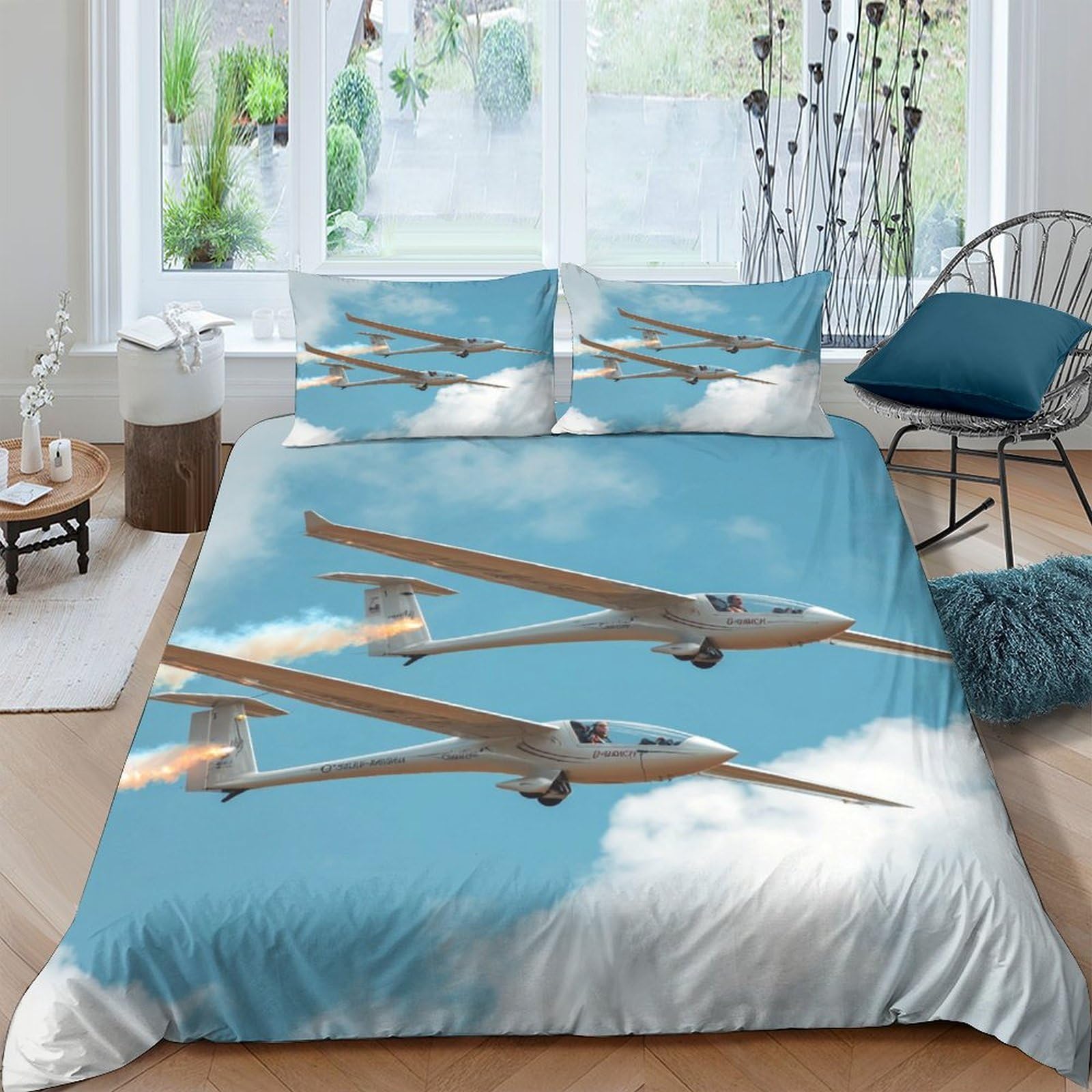GPLZQXKJNH 3D Printed Glider Airplane Duvet Cover Microfiber Soft Sky Cloud Bedding Set with 2 Pillowcases for Bedroom Decor Single（135x200cm）
