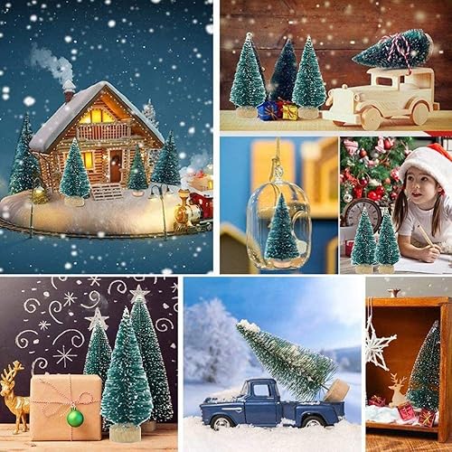 Miniatura 5 de 36 piezas de mini árboles de Navidad artificiales de plástico de sisal para botellas, árboles de nieve con base de madera para Navidad, hogar,