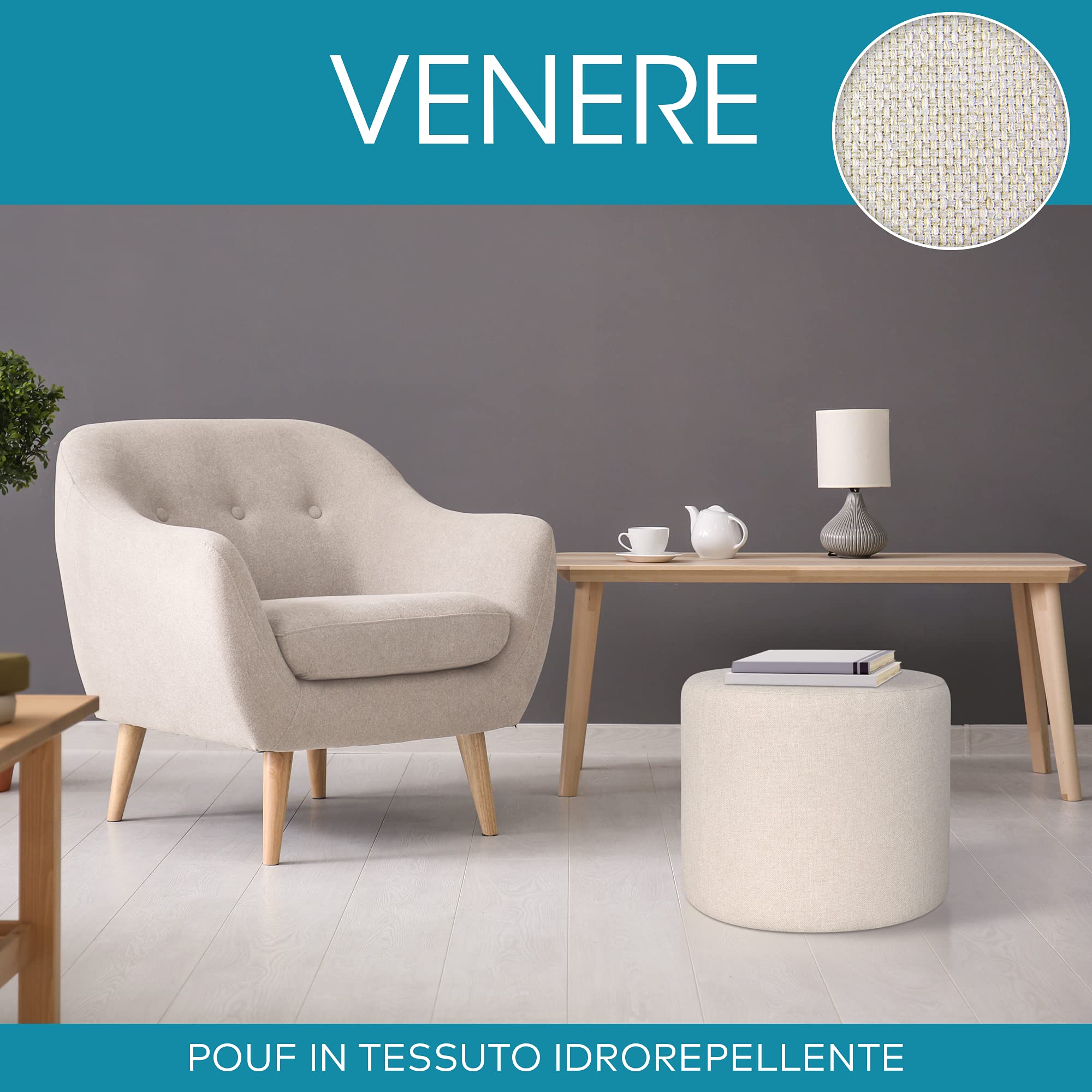 Deshome Pouf hocker Fußstütze runden Ø 50 cm Wasserabweisender Stoff: Modernes Design Pouf für Sofa Wohnzimmer Schlafzimmer, Puff hocker, Pouffe Venere Cremeweiße