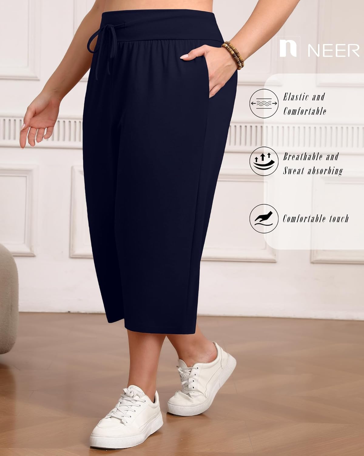 Neer 3 Pack Women's Capris Plus Size Yoga Lounge Pants Wide Leg High Waist Drawstring Cropped Sweatpants with Pockets