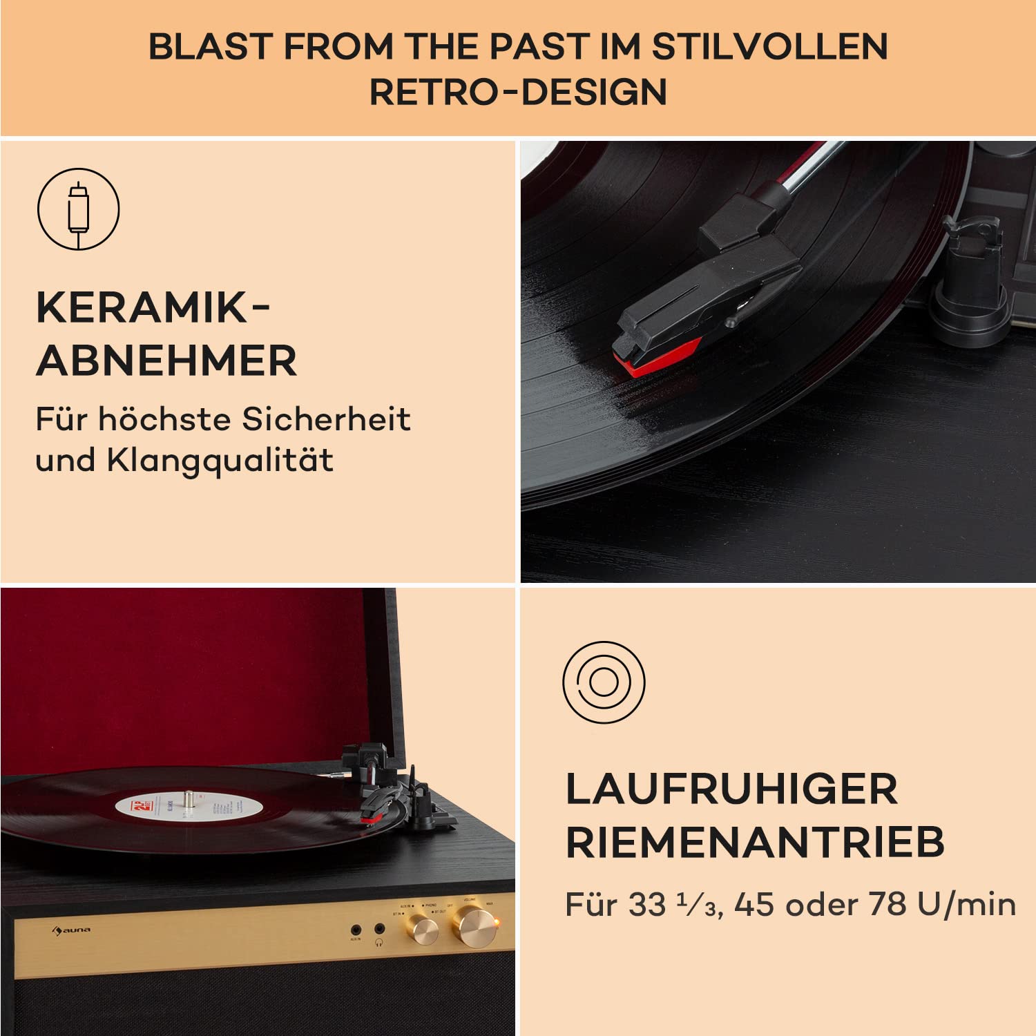 Auna Plattenspieler mit Lautsprecher, Plattenspieler mit Bluetooth & Standfüßen, Retro-Schallplattenspieler Bluetooth Transmitter & Receiver, Moderner für Schallplatten