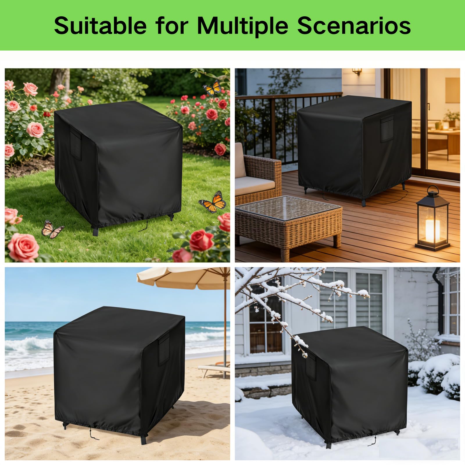 Housse de brasero carrée imperméable et coupe-vent 420D robuste avec cordon de serrage pour jardin, extérieur, 84 x 84 x 61 cm, noir