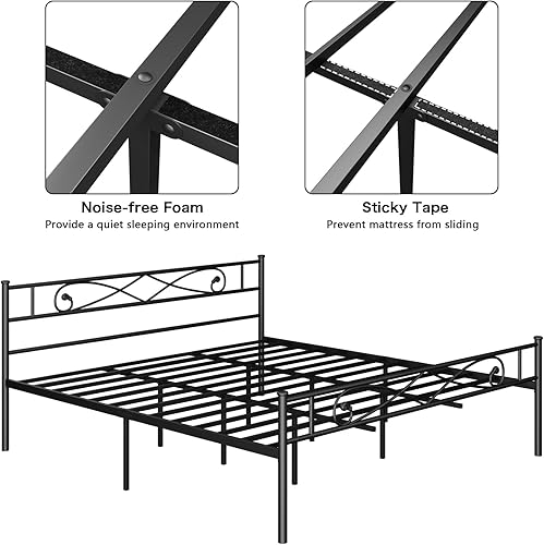 Miniatura 7 de PROXRACER Base de cama de plataforma metálica King con cabecero, soporte de listones de acero resistente, base de colchón, almacenamiento debajo de