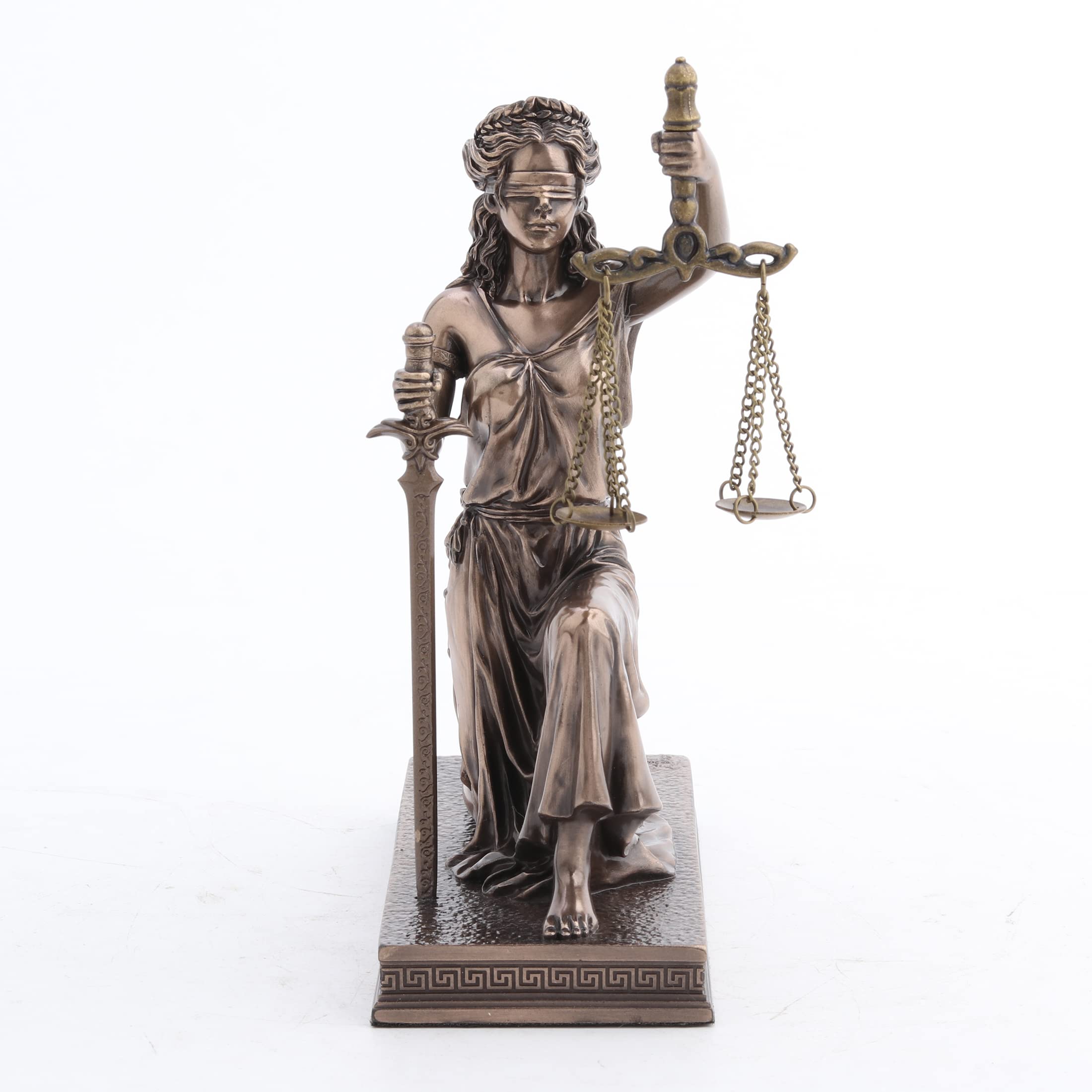 Veronese Design 16 3/4 cm Lady Justice klęcząca waga trzymająca i miecz rzeźba z żywicy wykończenie z brązu