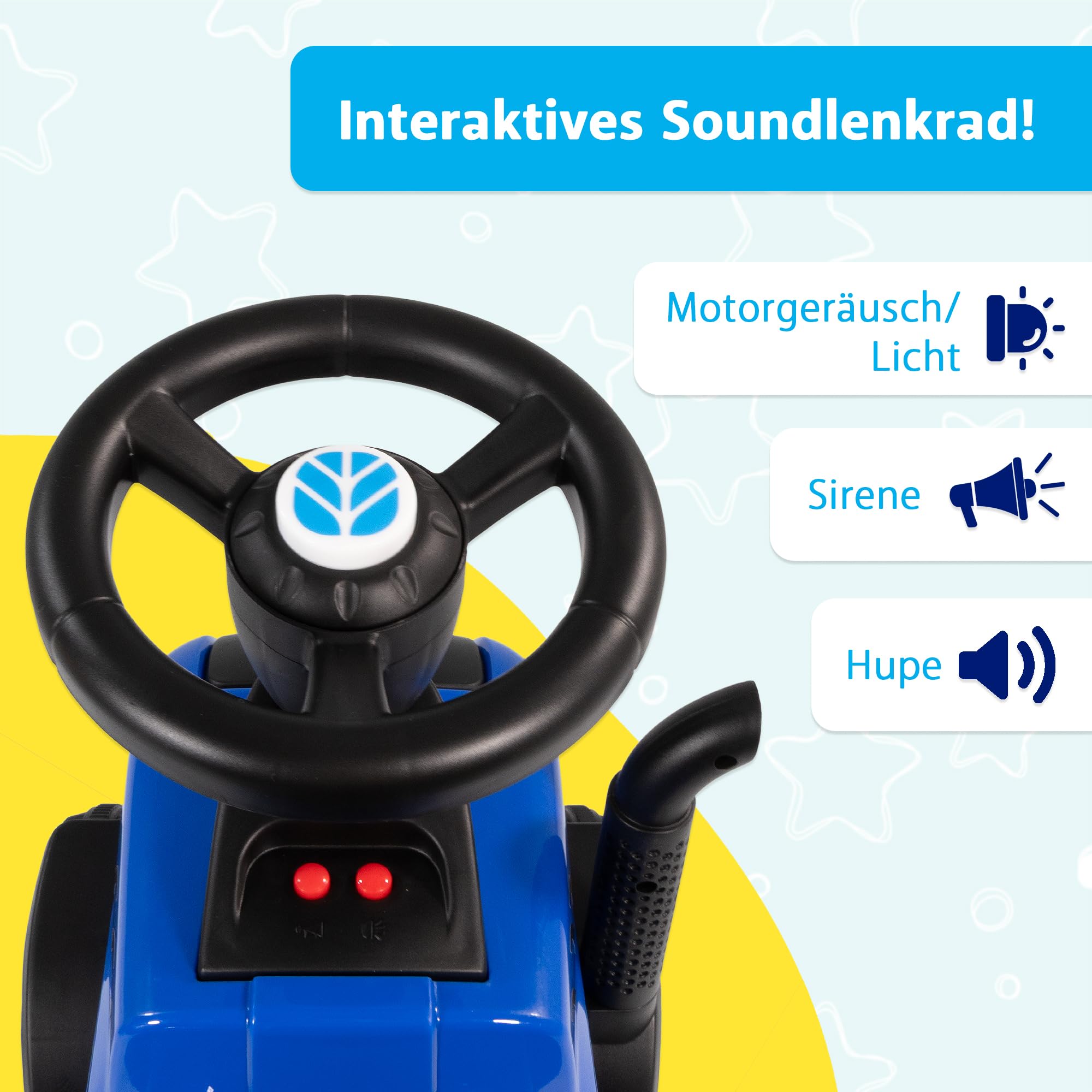 Lemodo Rutschauto Traktor New Holland blau ab 1 Jahr – Kindertraktor mit Anhänger, Schaufel & Rechen, Licht & Sound – Rutschfahrzeug für drinnen & draußen, Lizenziertes Kinderspielzeug, Geschenkidee