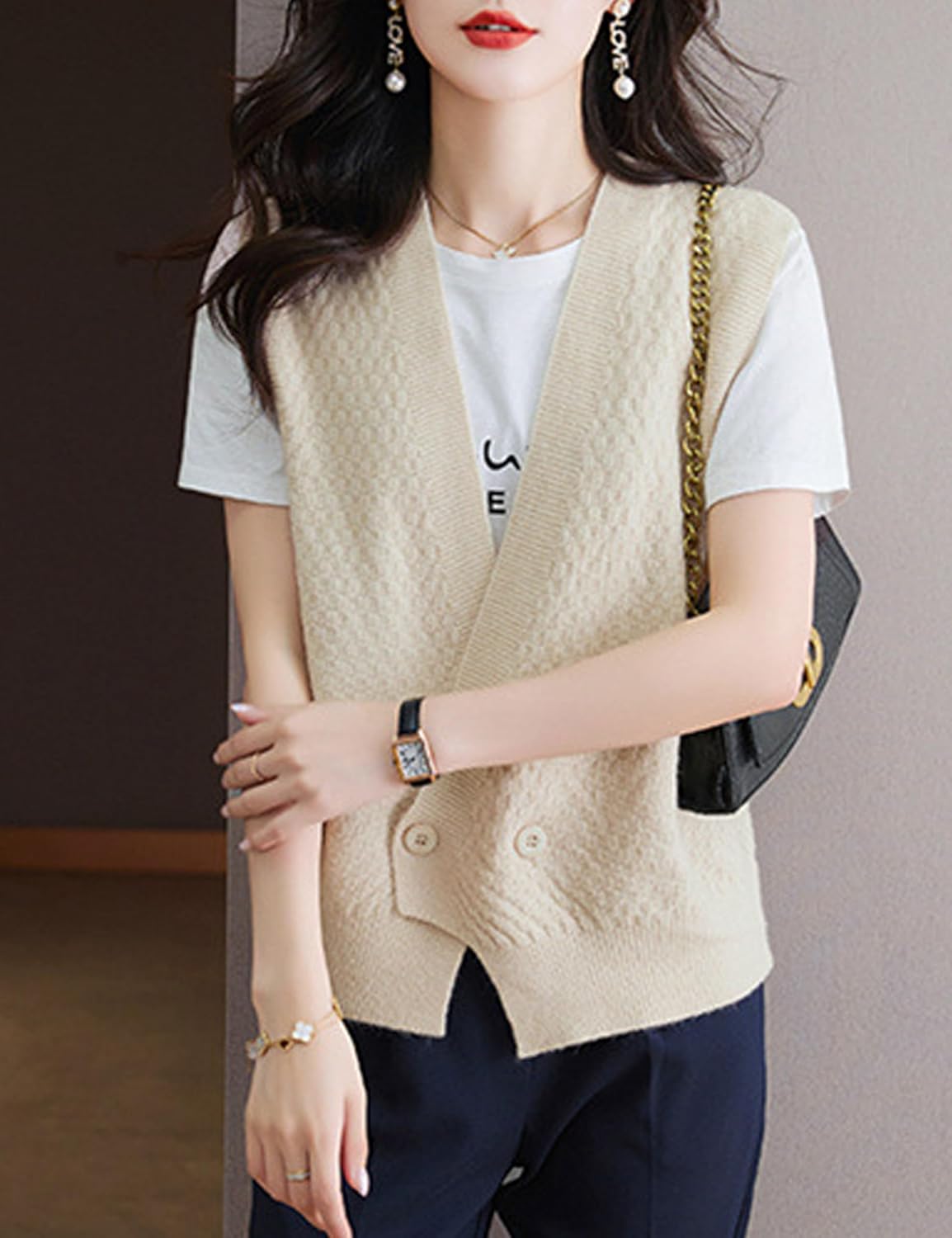 Women's Sweater Vest Sleeveless V Neck Knit Cardigan Sweater Waistcoat Tops - Image 2