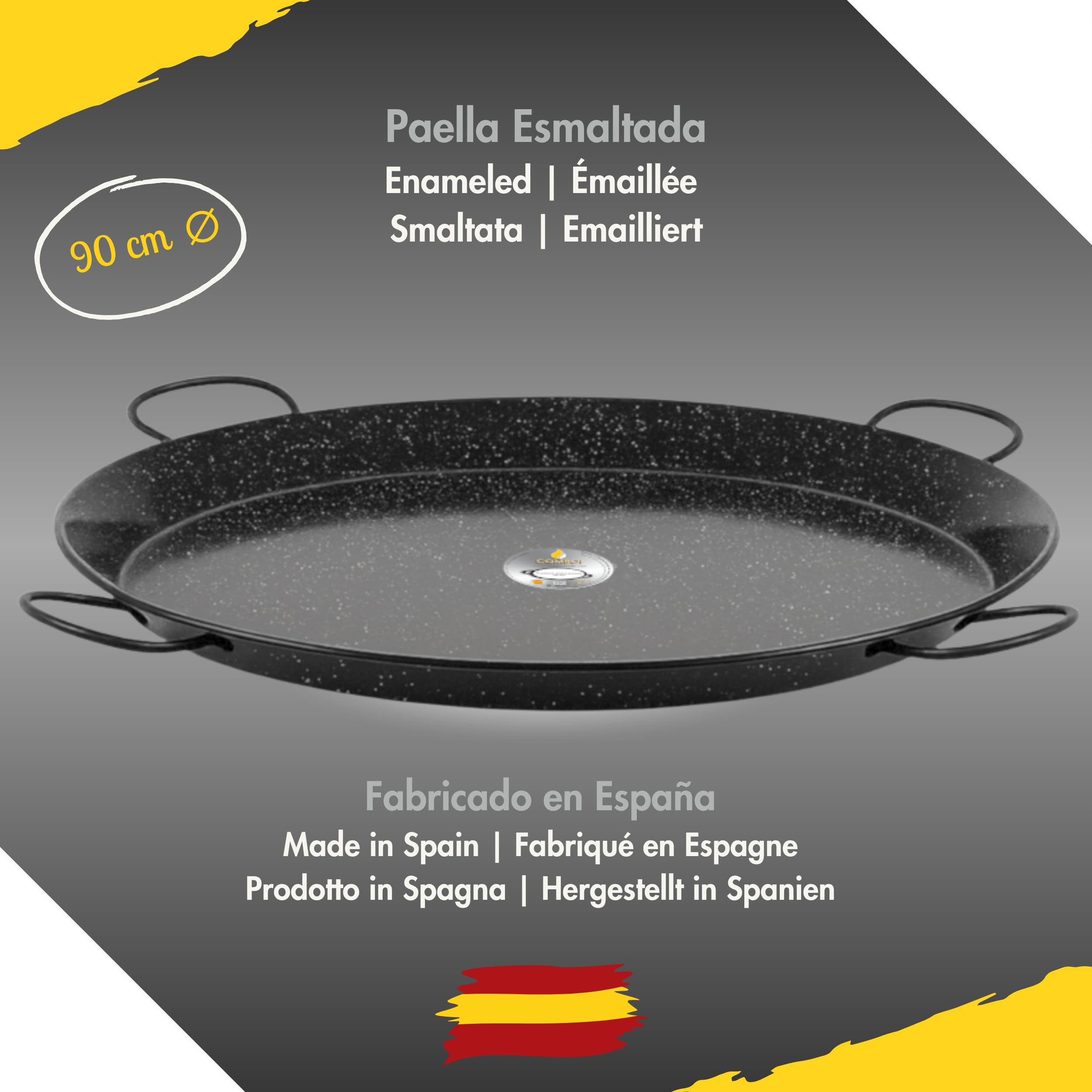 COMBOI Kit Paellero Gas Butano 70 cm - Paellera smaltata 90 cm, Gambe rinforzate, Regolatore, Tubo, Livello, Grembiule e Ricettario Digitale - Bruciatore a 3 Anni