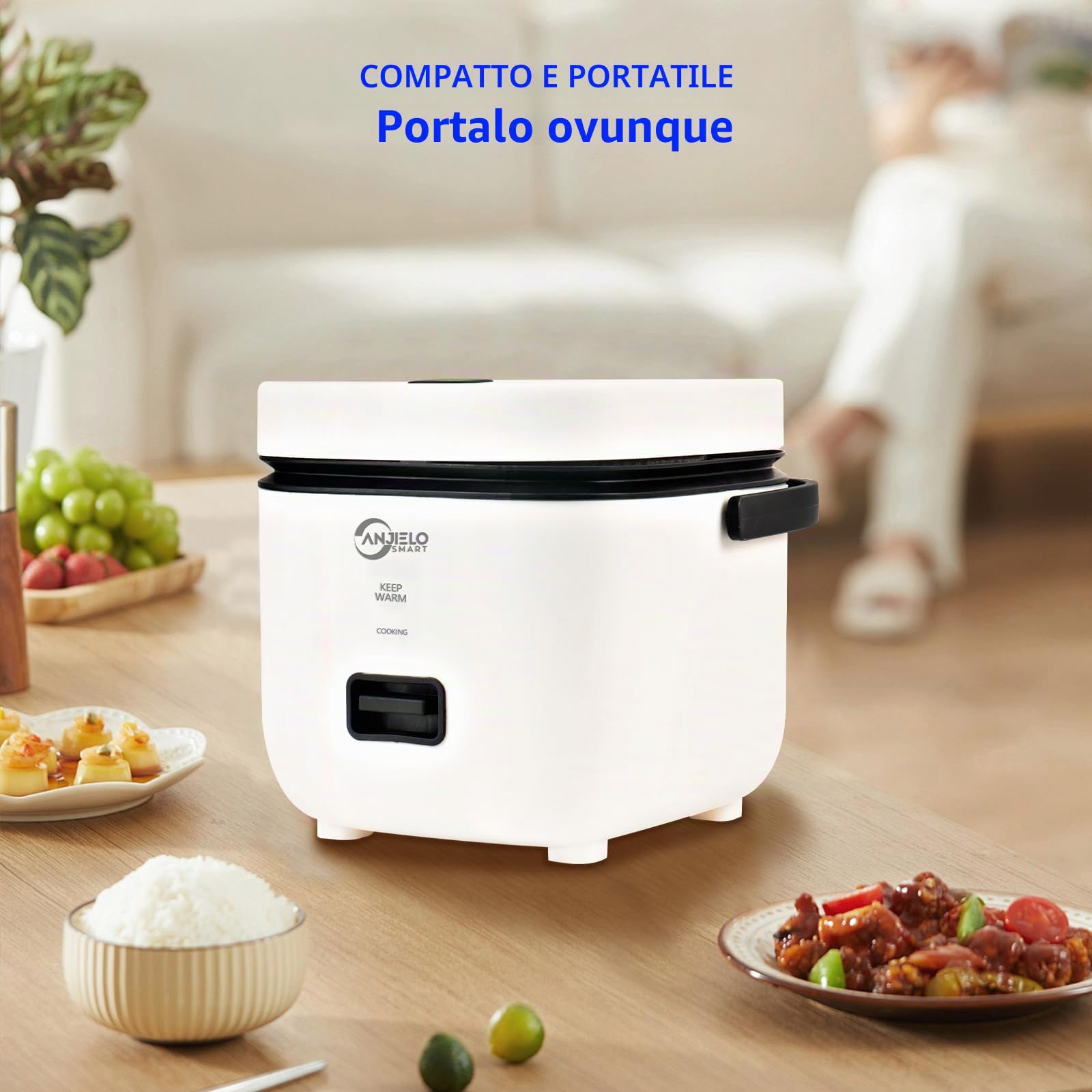 Cuociriso personale da 1,2 l, con rivestimento antiaderente,cestello per cottura a vapore in acciaio inox,misurini e comando one-touch,Perfetto per una o due persone per cuocere riso (Bianco)